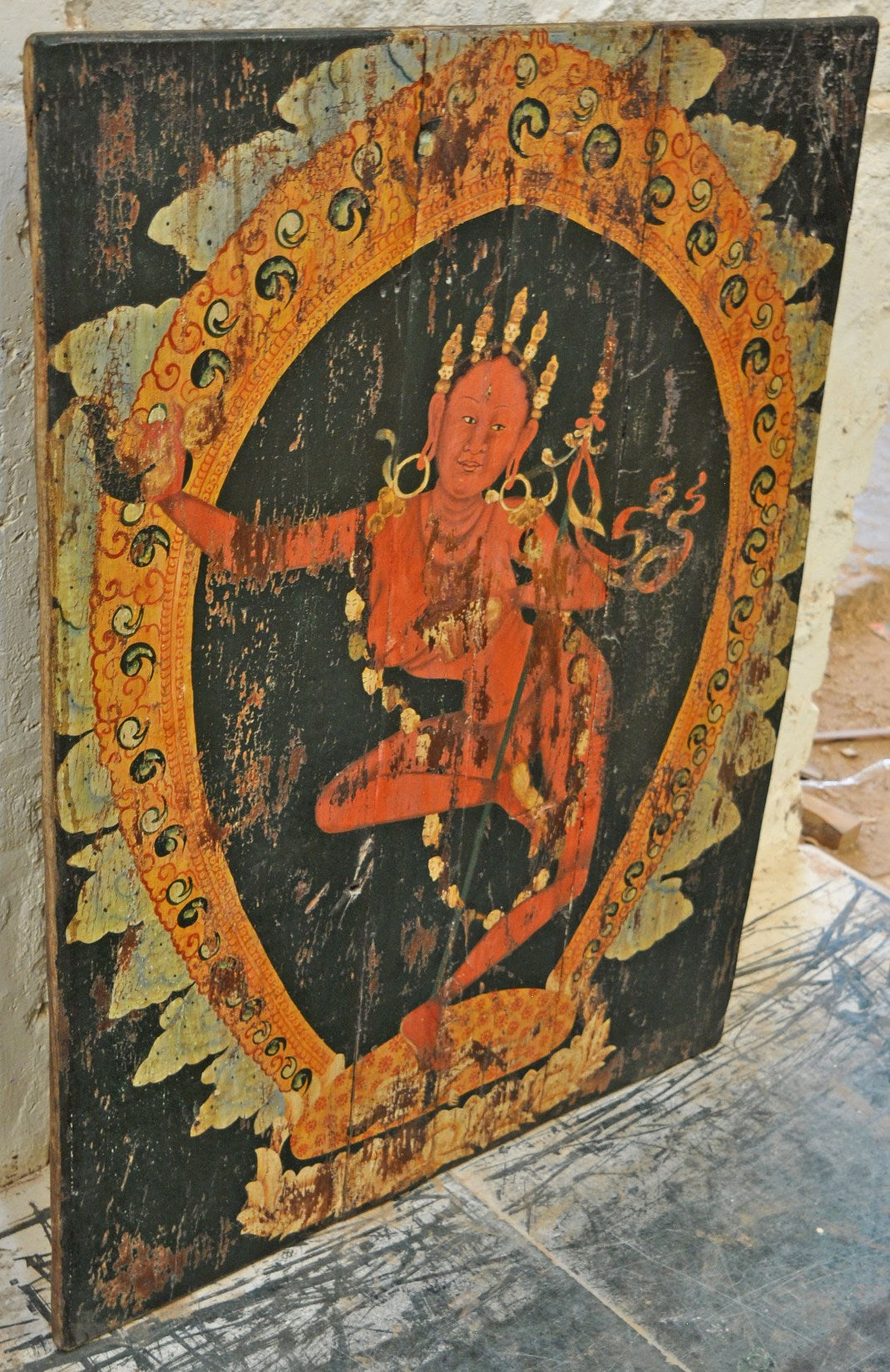 Antique Wooden Big Door Panel Fine Rustic Painting Original Old Hand Painted