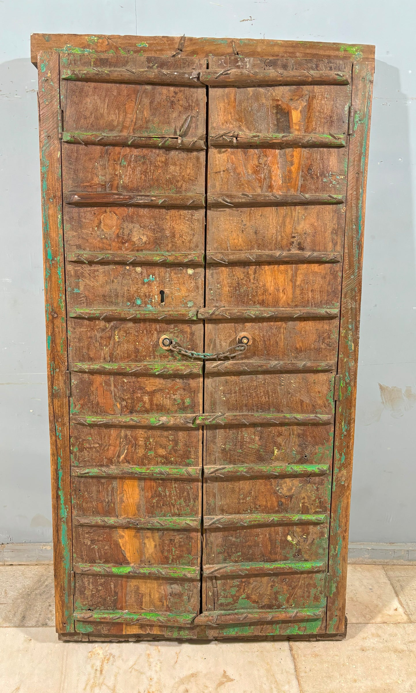 Antique Teak Wood Big Size Door With Frame 3x6 Feet Original Fine Brass Copper Fitted