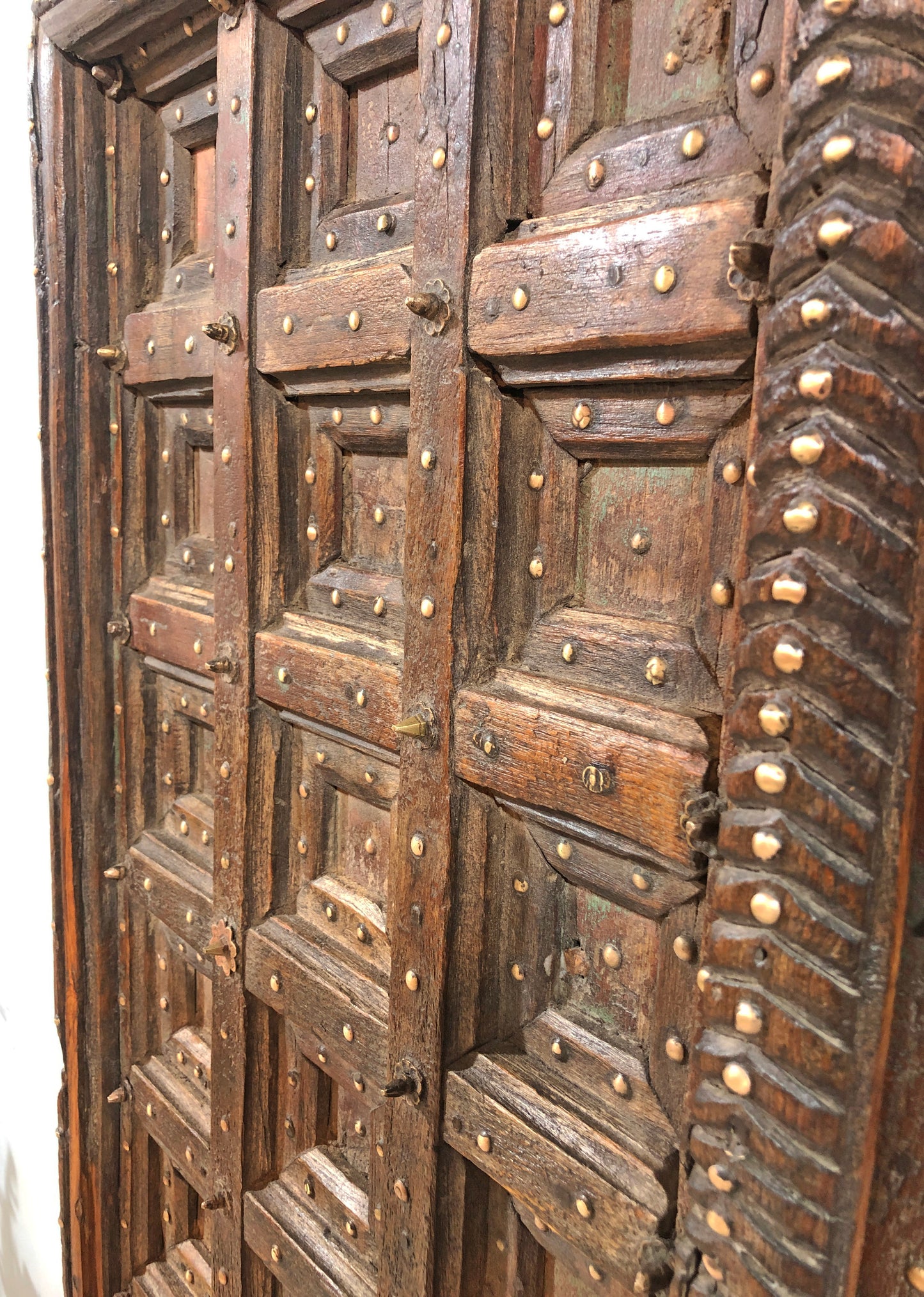 Antique Teak Wood Heavy Big Size Door Panels Pair 3.5x6 feet Original Old Brass