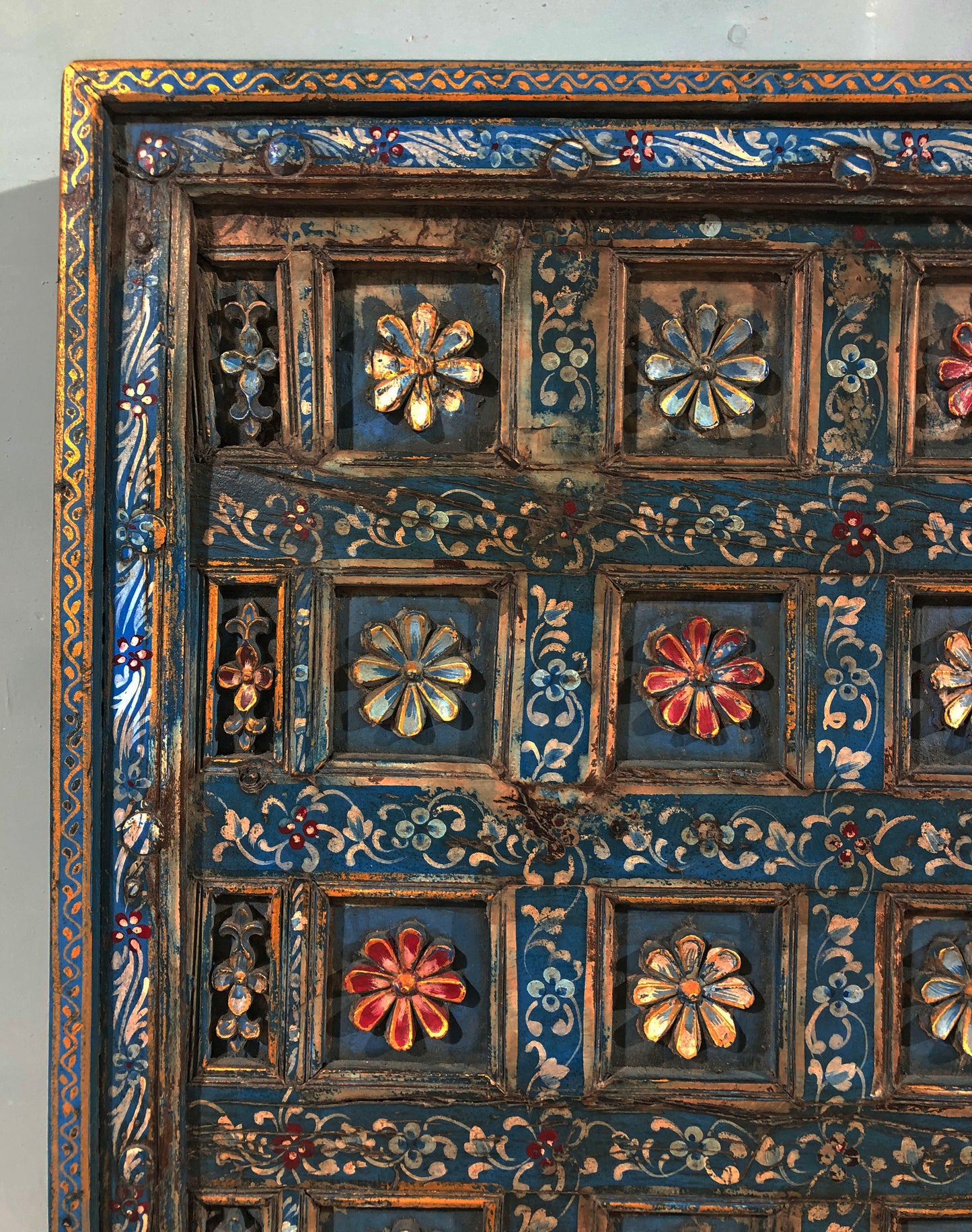 Antique Teak Wood Ceiling Panel Large 3x6 feet Original Fine Carved Painted