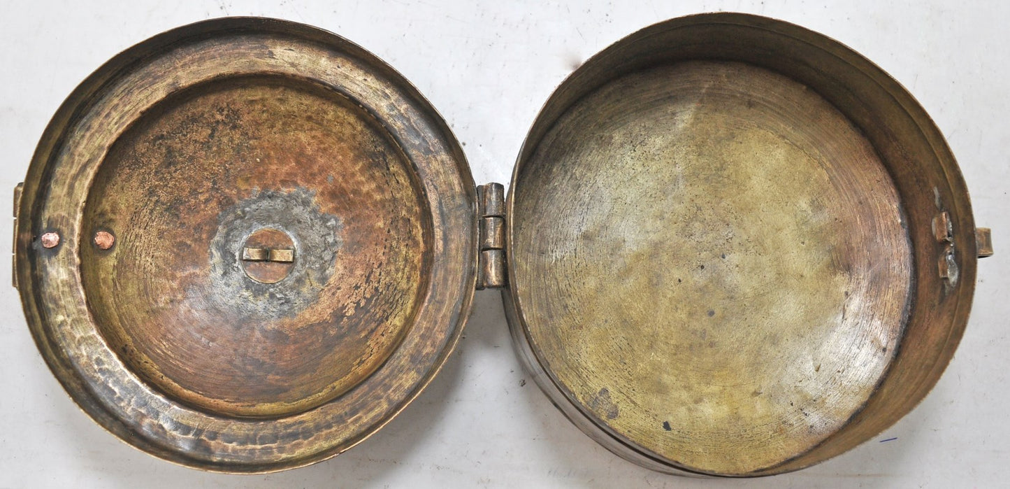 Antique Brass Round Food Storage Box Original Old Hand Crafted Engraved