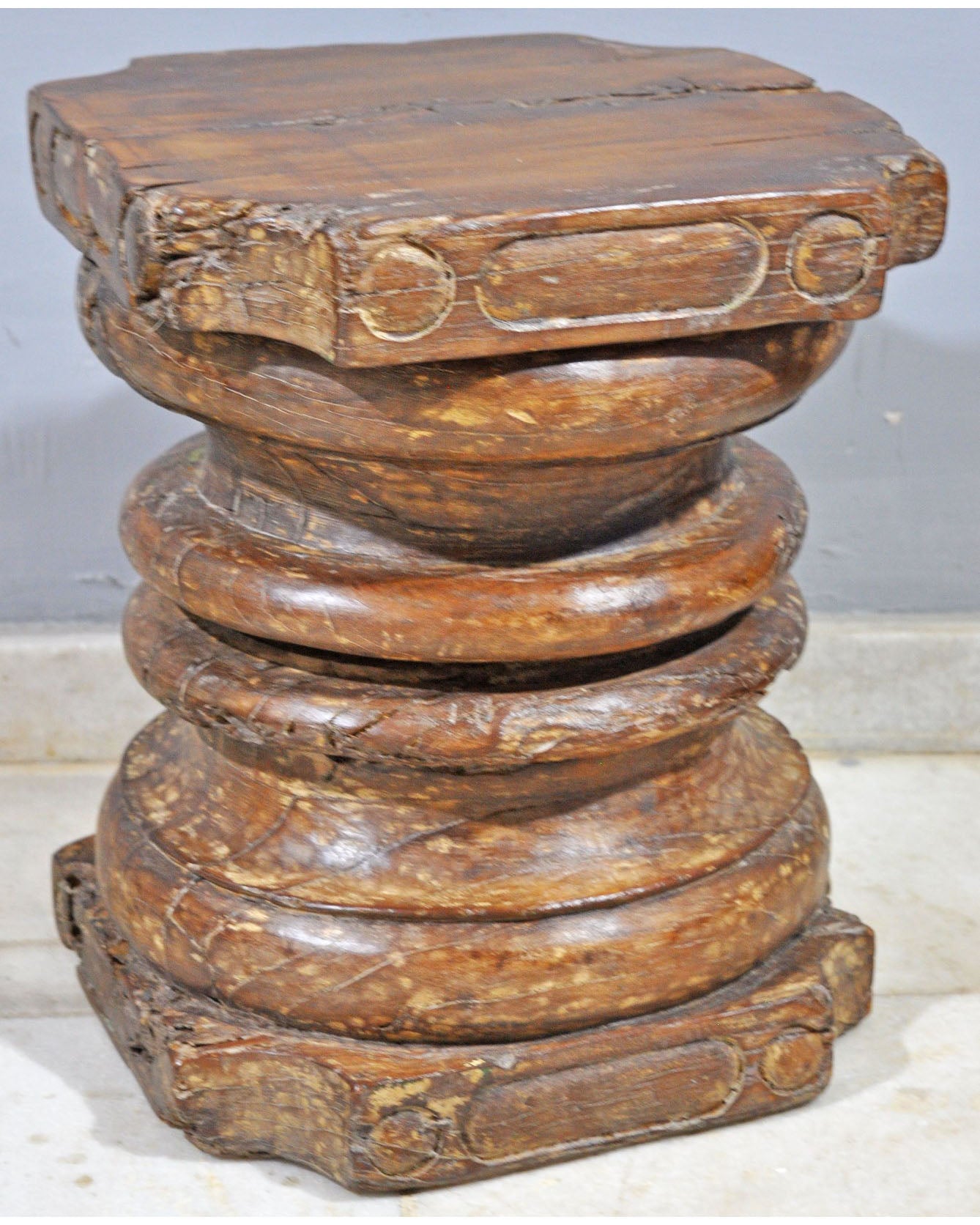 Antique Wooden Heavy Pillar Base Small Stool Side Table Original Old Hand Carved