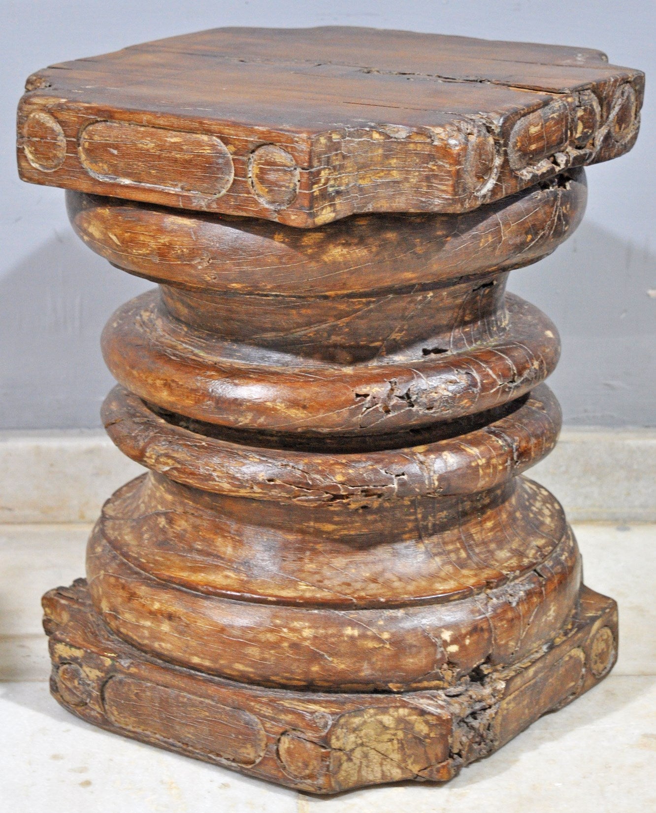 Antique Wooden Heavy Pillar Base Small Stool Side Table Original Old Hand Carved