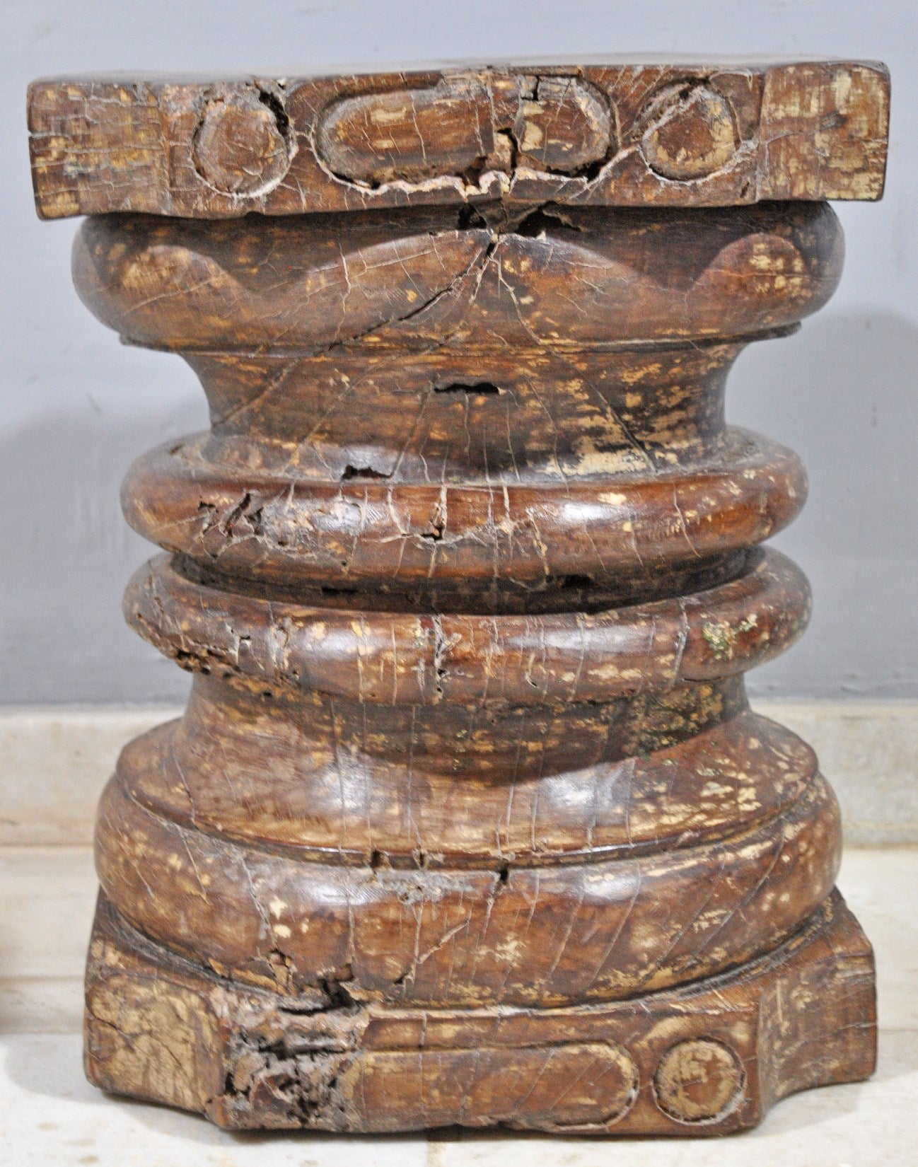 Antique Wooden Heavy Pillar Base Small Stool Side Table Original Old Hand Carved