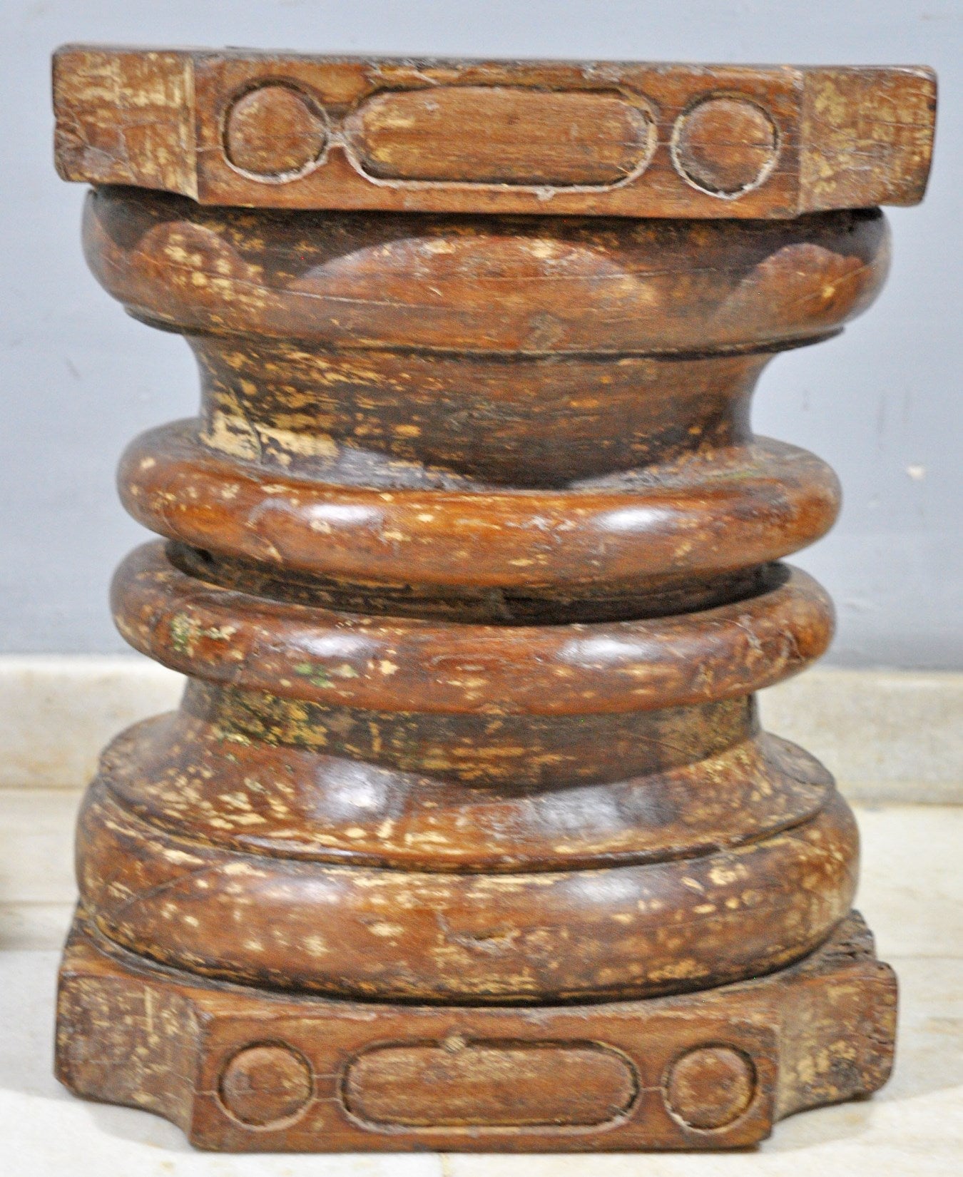 Antique Wooden Heavy Pillar Base Small Stool Side Table Original Old Hand Carved