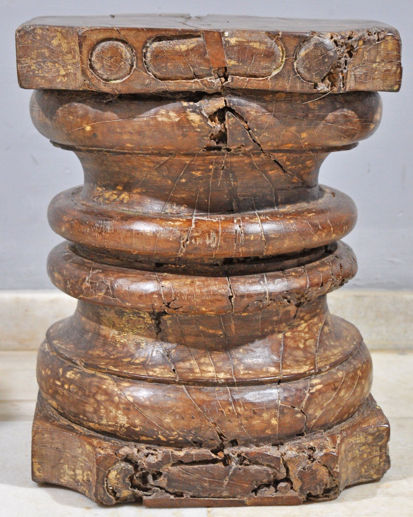Antique Wooden Heavy Pillar Base Small Stool Side Table Original Old Hand Carved