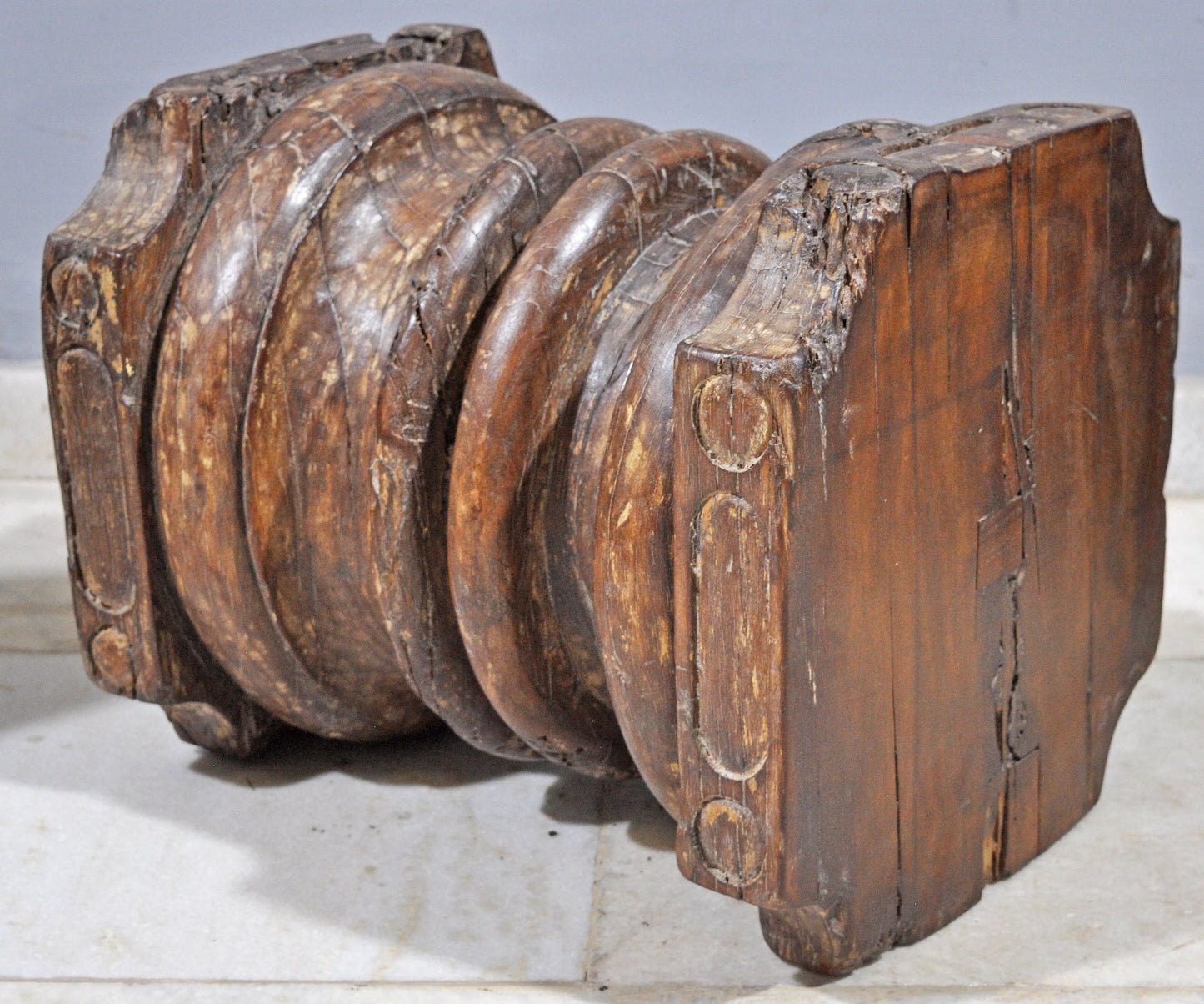 Antique Wooden Heavy Pillar Base Small Stool Side Table Original Old Hand Carved