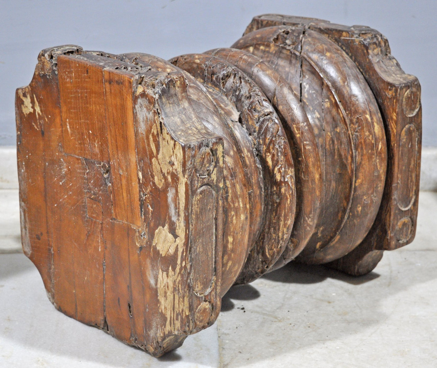 Antique Wooden Heavy Pillar Base Small Stool Side Table Original Old Hand Carved