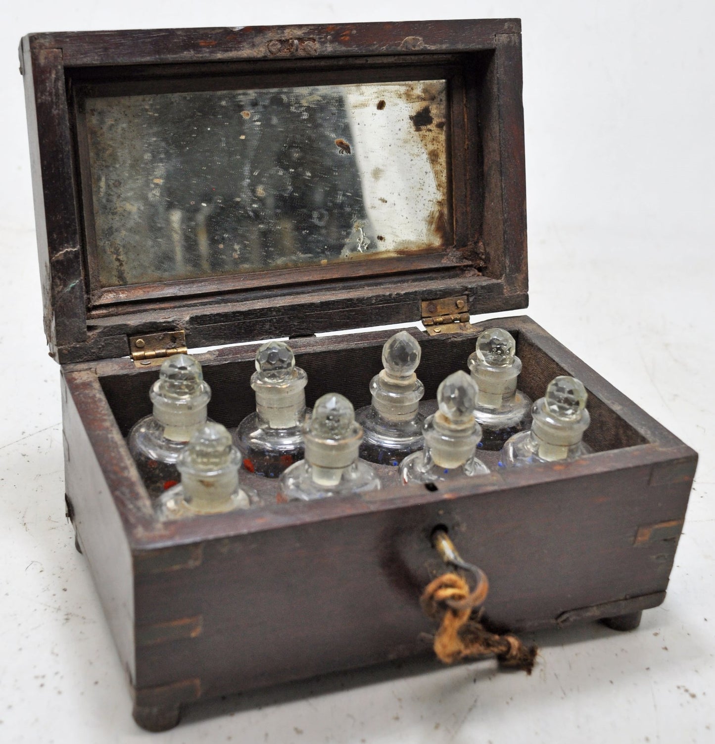 Antique Wooden Perfume Bottles Jewellery Box Original Old Hand Crafted Brass Inlaid