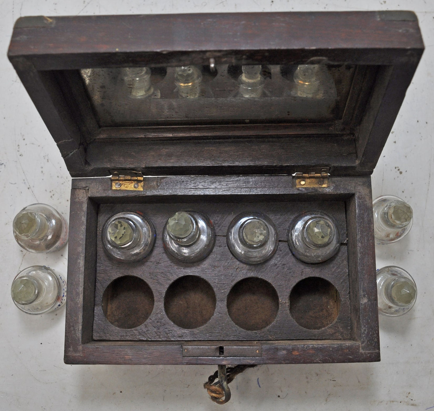 Antique Wooden Perfume Bottles Jewellery Box Original Old Hand Crafted Brass Inlaid