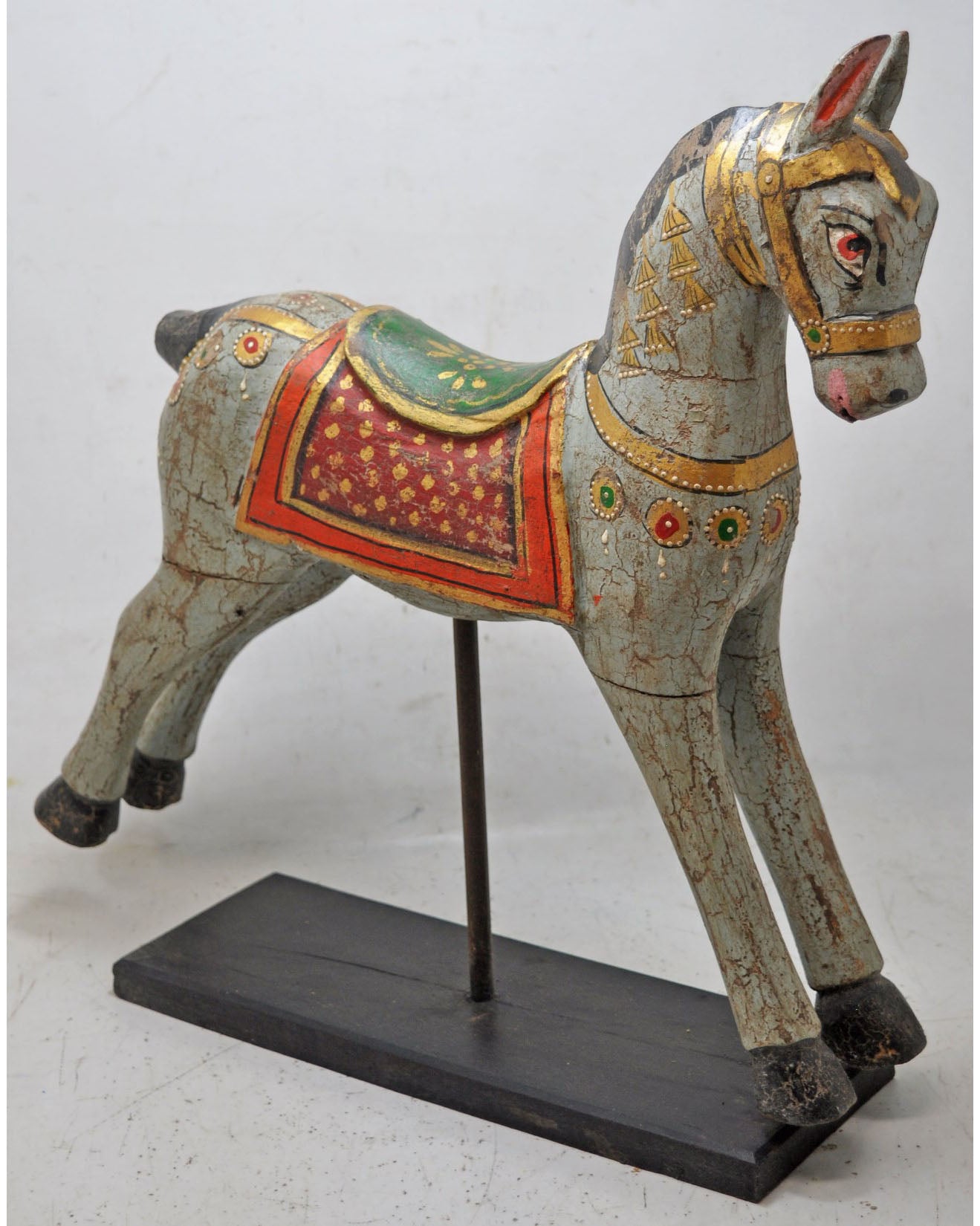 Hand Carved Wooden Horse Figurine on Stand Fine Rustic Painted