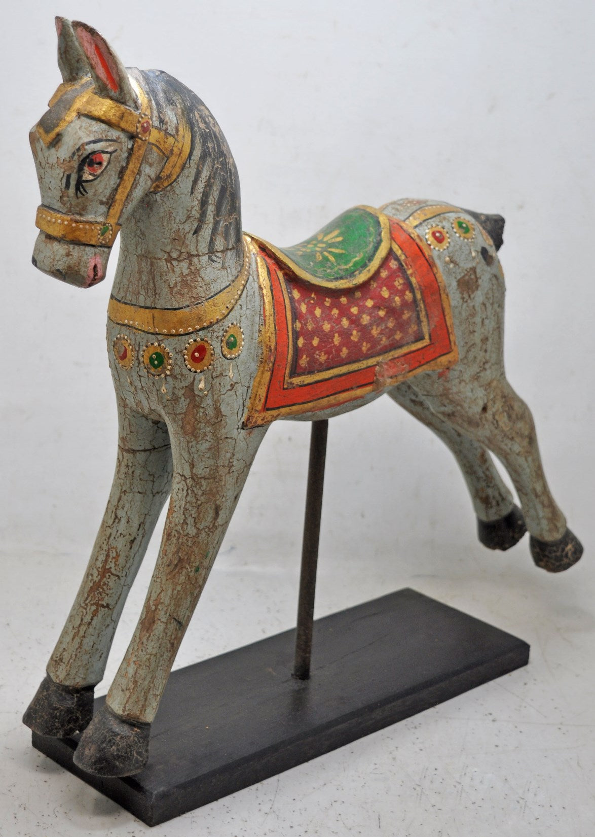 Hand Carved Wooden Horse Figurine on Stand Fine Rustic Painted