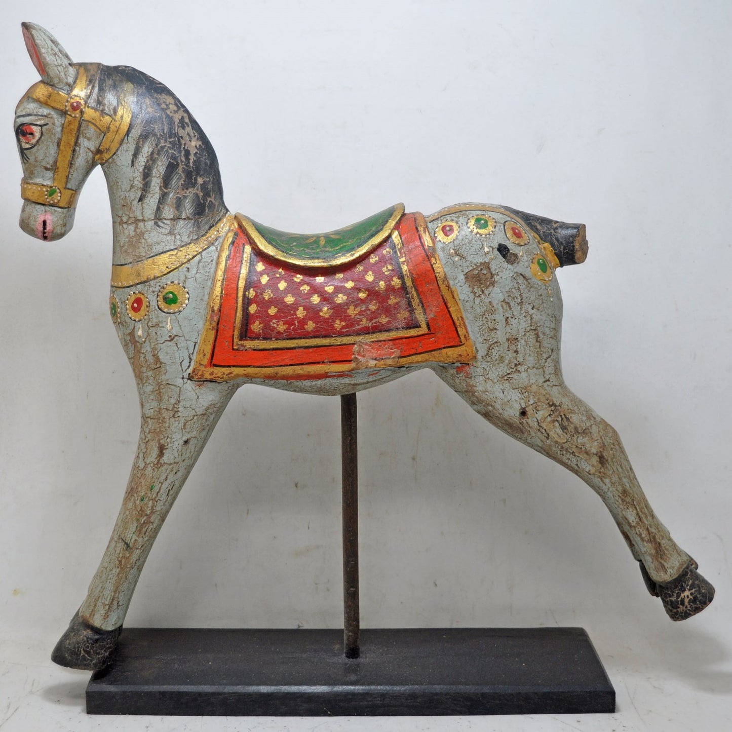 Hand Carved Wooden Horse Figurine on Stand Fine Rustic Painted