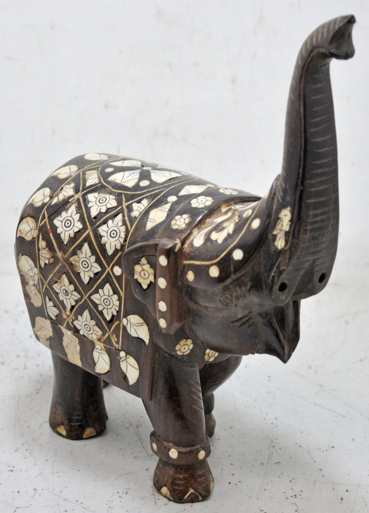 Antique Wooden Elephant Figurine Original Old Hand Carved Very Fine Inlay Work