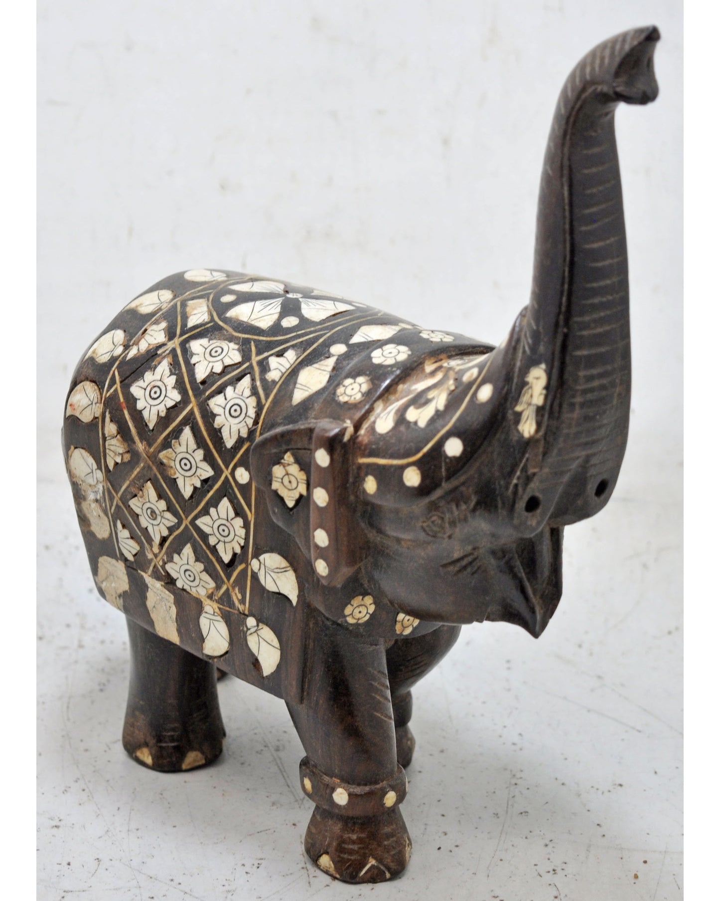 Antique Wooden Elephant Figurine Original Old Hand Carved Very Fine Inlay Work