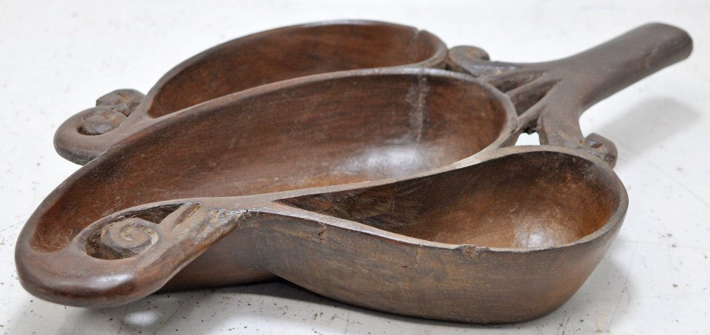 Antique Wooden 3 Compartments Bowl Original Old Hand Carved