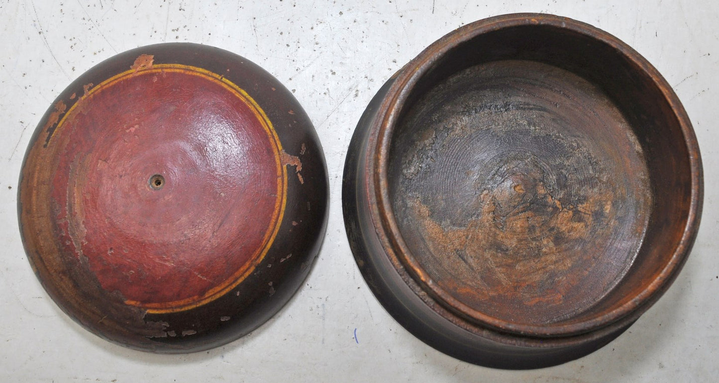 Antique Wooden Kum Kum Powder Tika Box Original Old Hand Carved Lacquer Painted