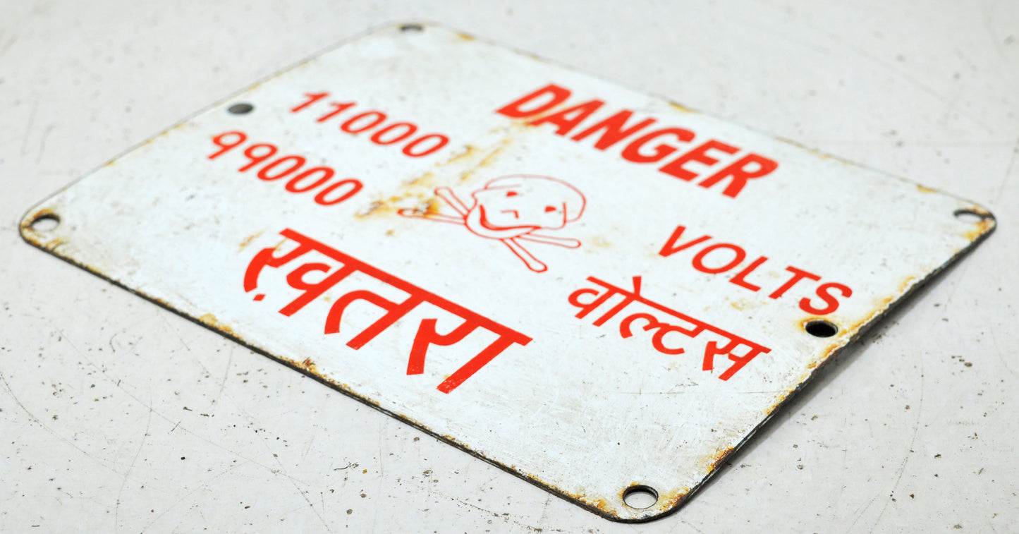 Vintage Iron Enamel Porcelain Danger Signboard 11000 Volts Original Old Hand Crafted