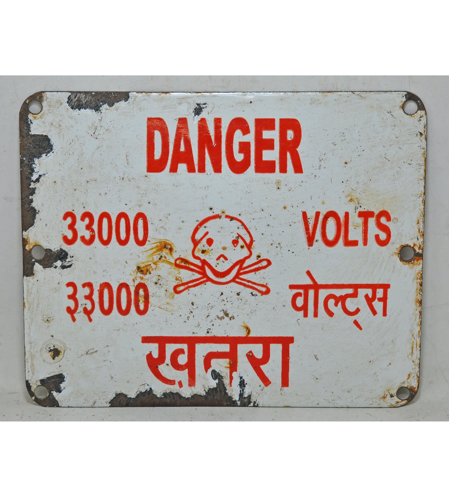 Vintage Iron Enamel Porcelain Danger Signboard 33000 Volts Original Old Hand Crafted