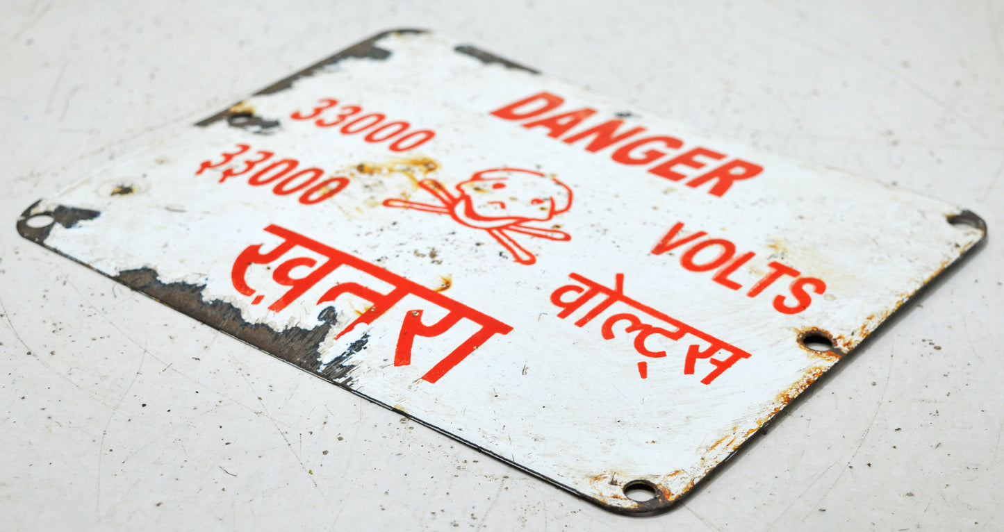 Vintage Iron Enamel Porcelain Danger Signboard 33000 Volts Original Old Hand Crafted