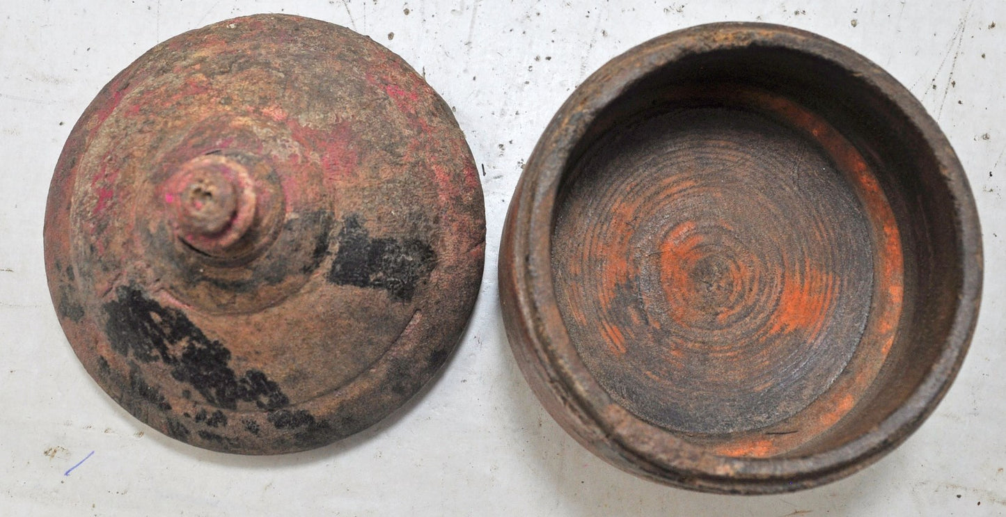Antique Wooden Lacquer Painted Kum Kum Powder Tika Box Original Old Hand Carved
