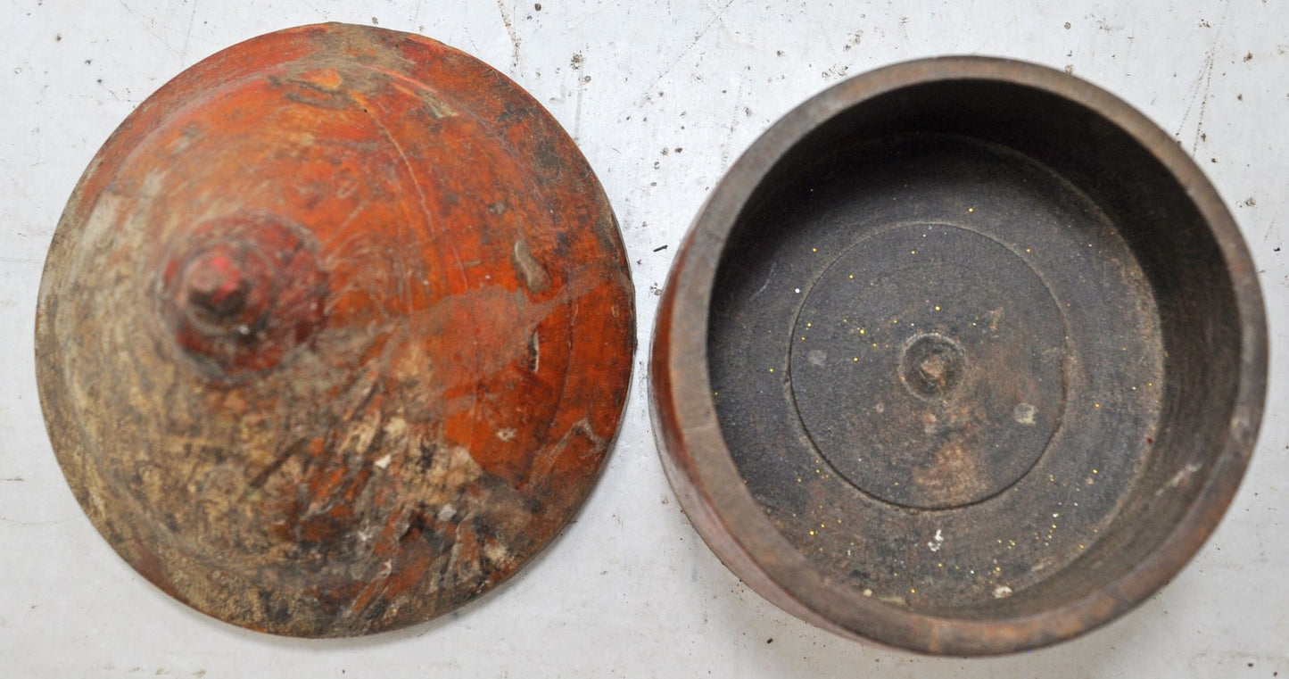 Antique Wooden Lacquer Painted Kum Kum Powder Tika Box Original Old Hand Carved