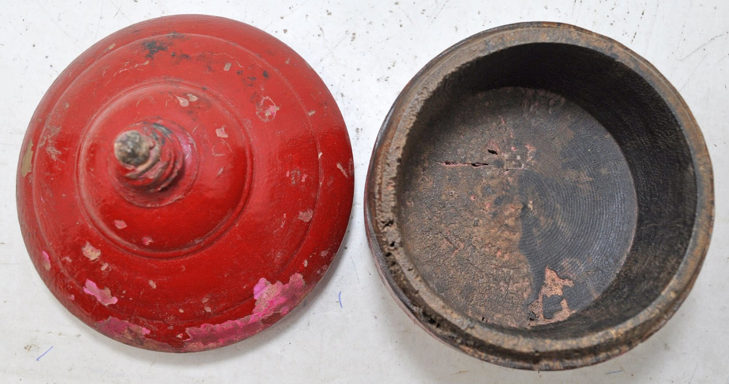 Antique Wooden Lacquer Painted Kum Kum Powder Tika Box Original Old Hand Carved