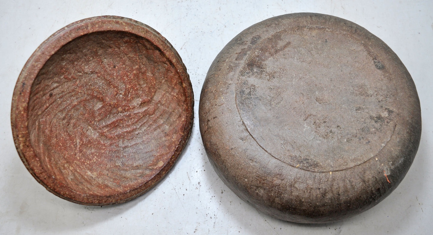 Antique Sand Stone Big Heavy Round Food Box Original Old Hand Carved