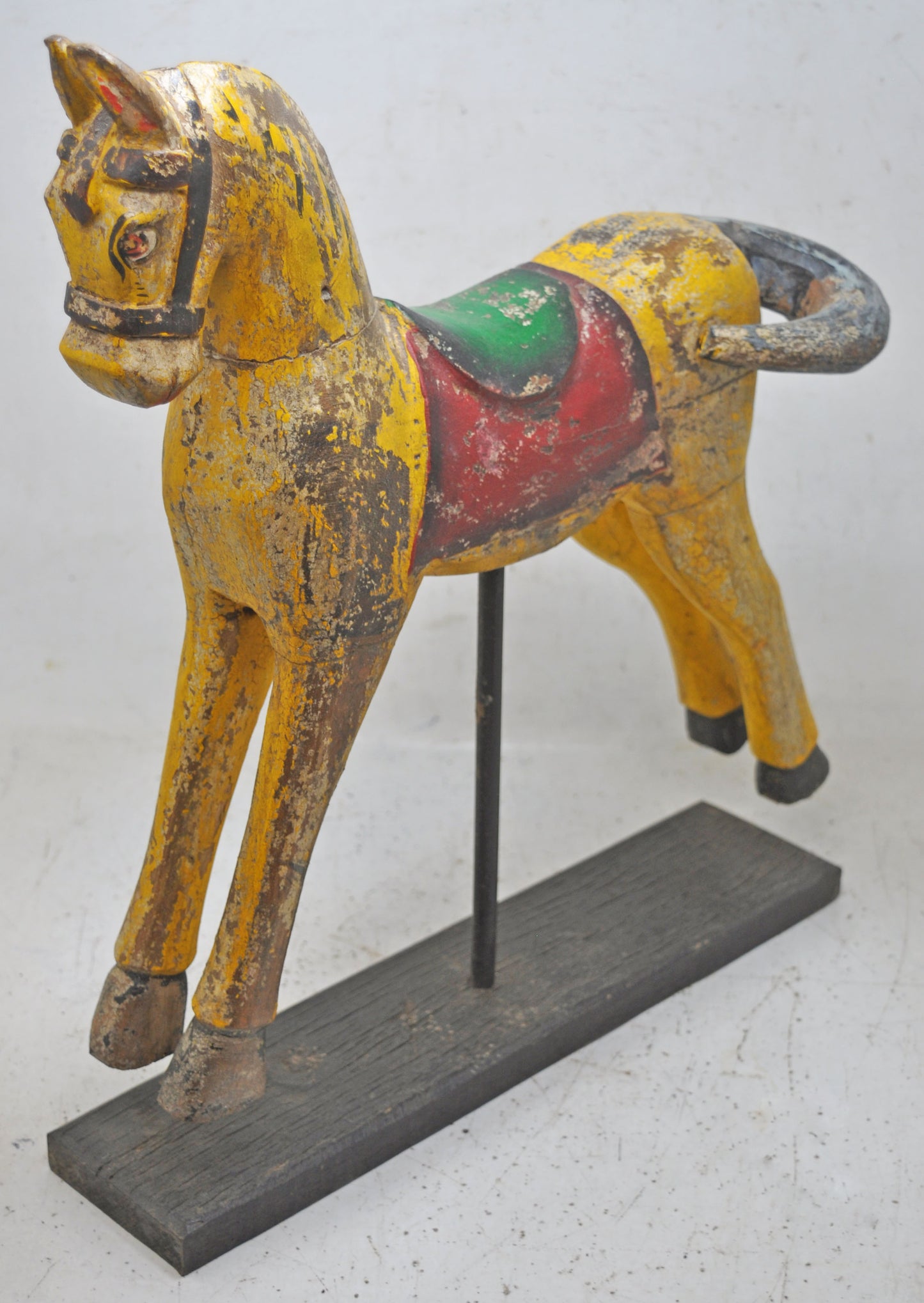 Hand Carved Fine Wooden Horse Figurine Large Size Rustic Yellow Painted