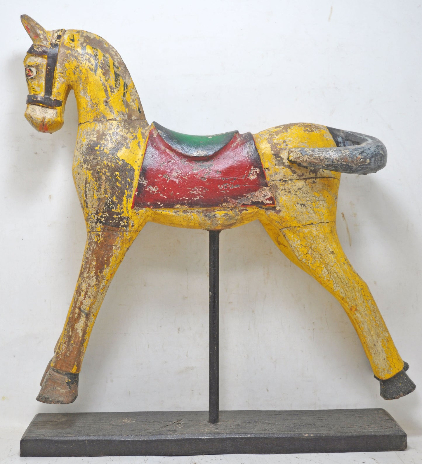 Hand Carved Fine Wooden Horse Figurine Large Size Rustic Yellow Painted