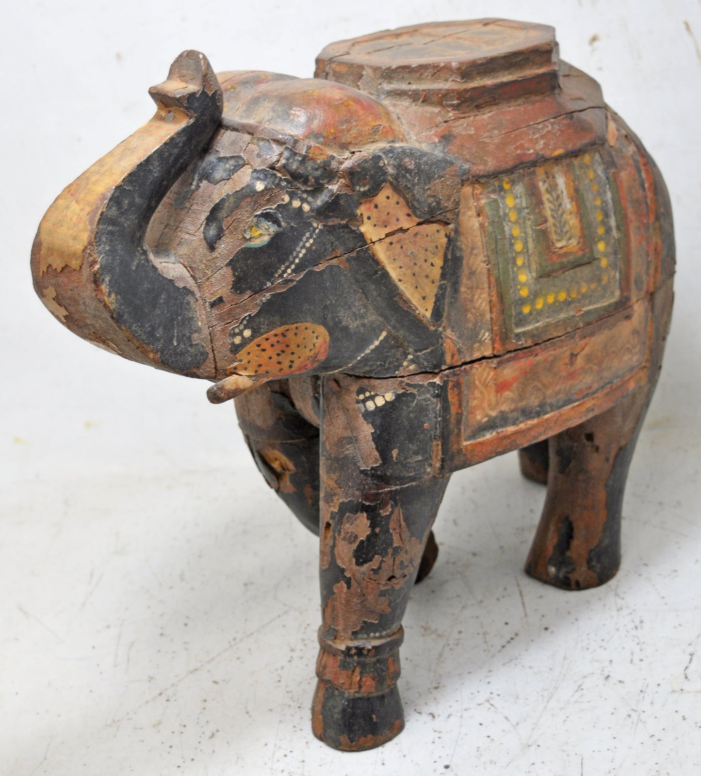 Vintage Wooden Large Heavy Elephant Figurine Original Old Hand Carved Painted