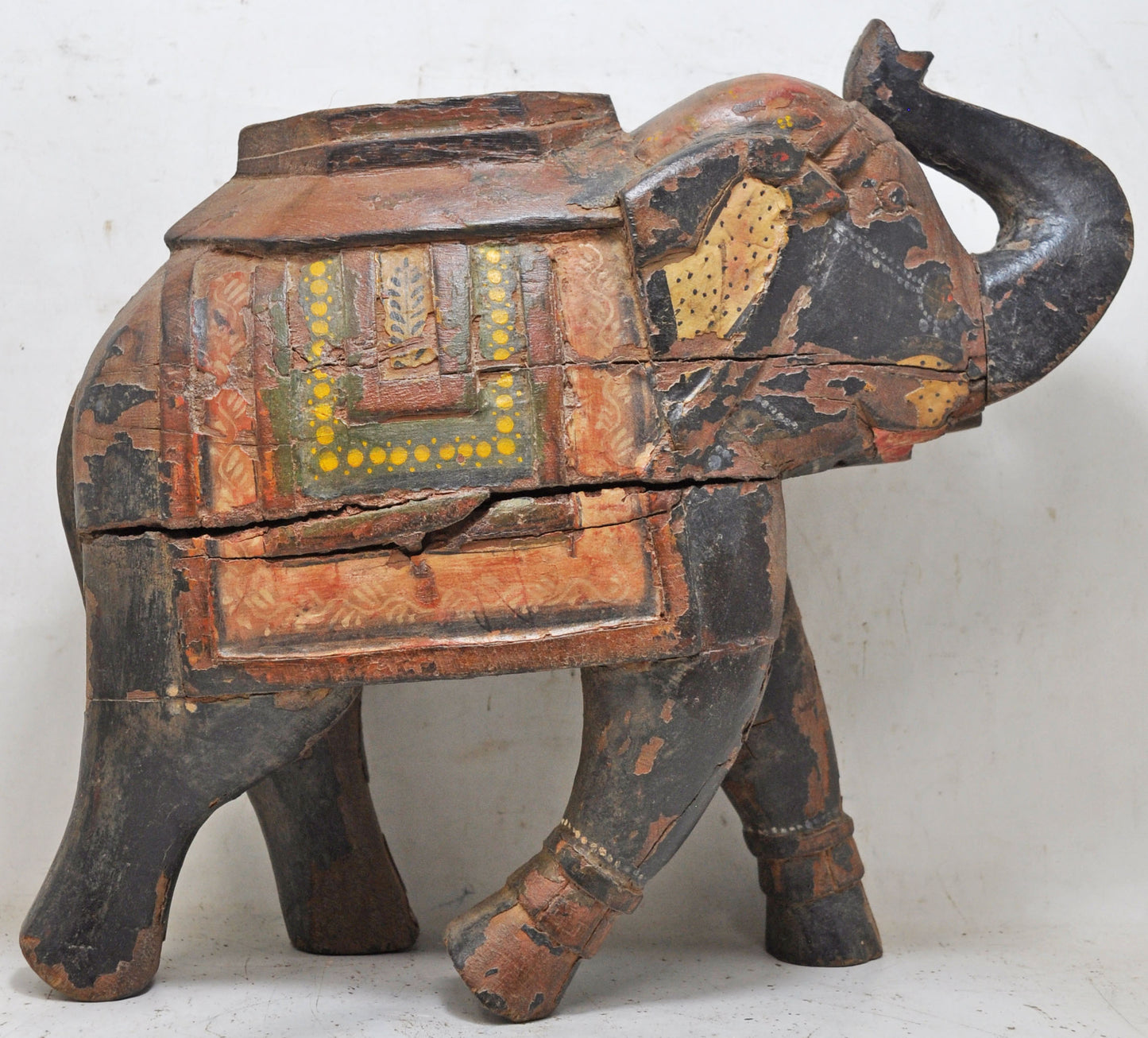 Vintage Wooden Large Heavy Elephant Figurine Original Old Hand Carved Painted
