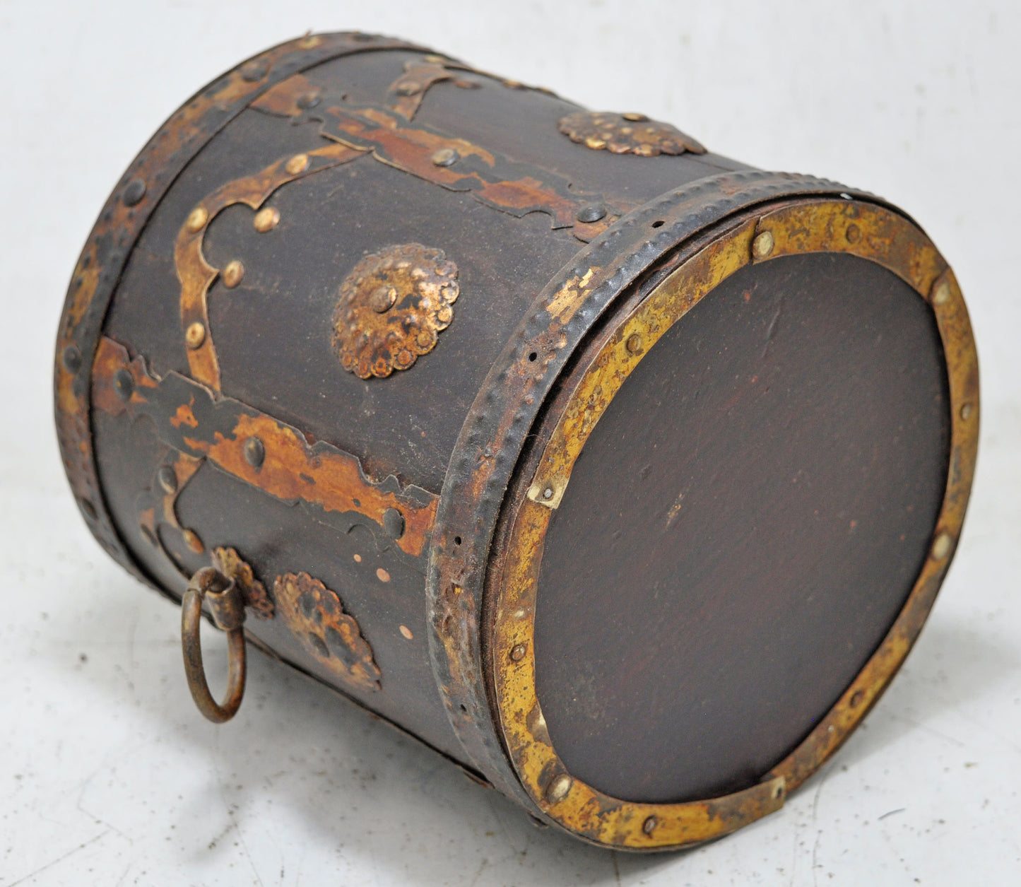 Antique Wooden Round Grain Mesaurement Paili Pot Original Old Brass Fitted