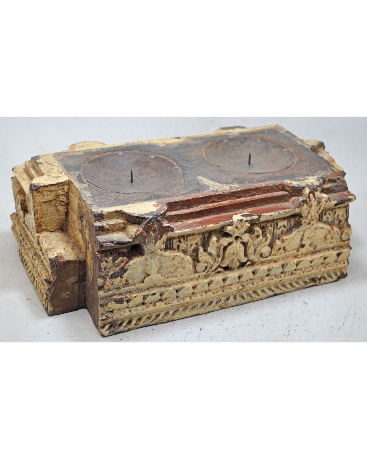 Antique Wooden Carving Block Base Candle Holder Original Old Very Fine Carved