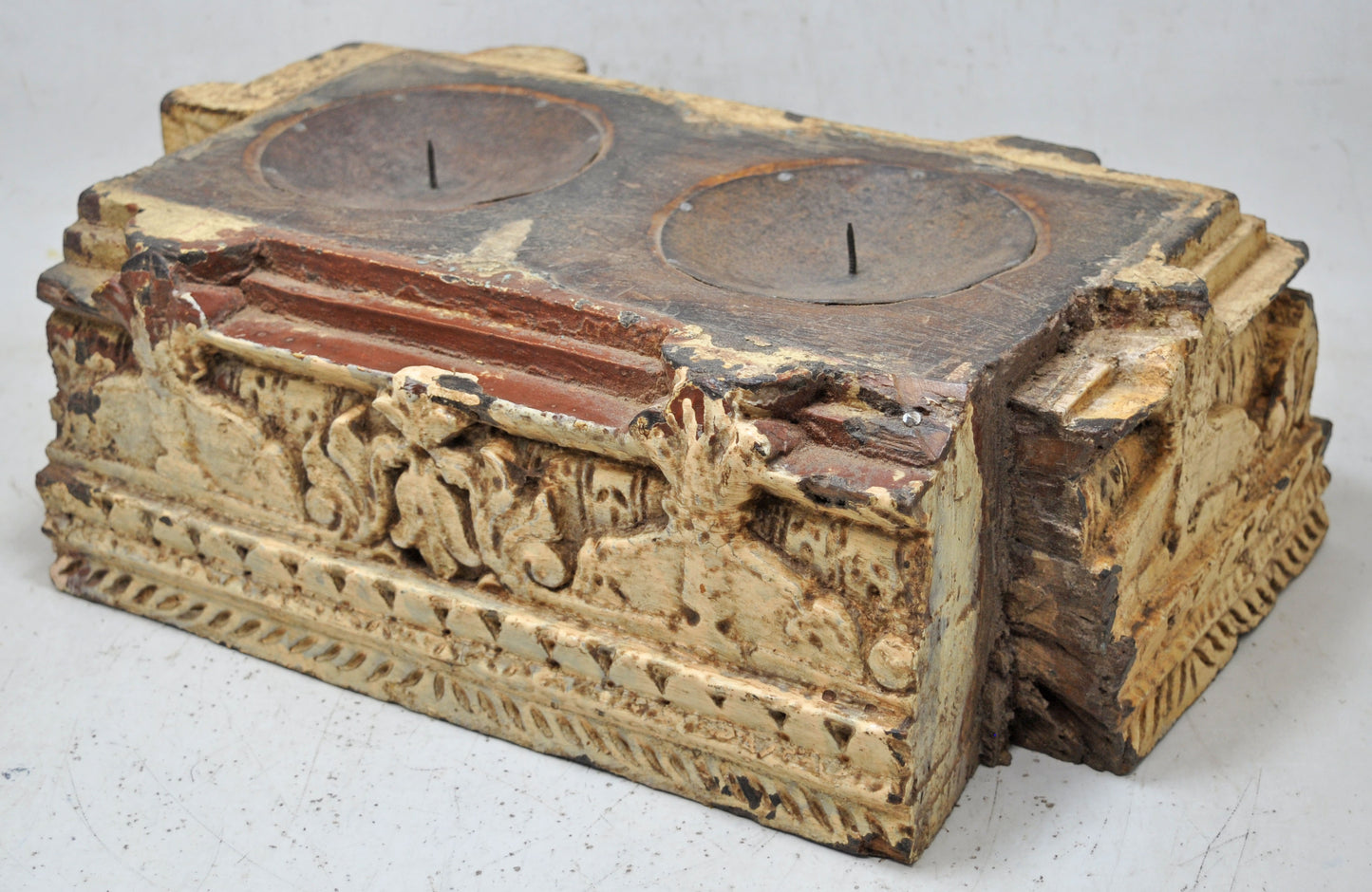 Antique Wooden Carving Block Base Candle Holder Original Old Very Fine Carved