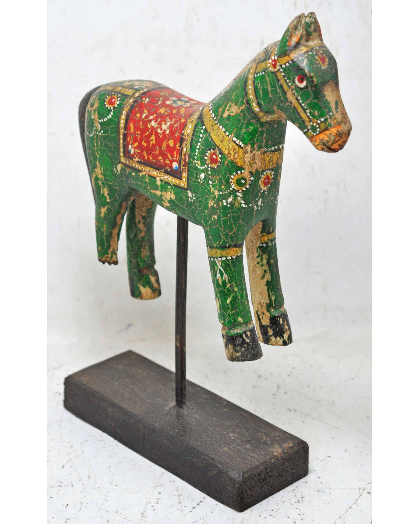 Hand Carved Wooden Horse Figurine on Stand Rustic Painted Green