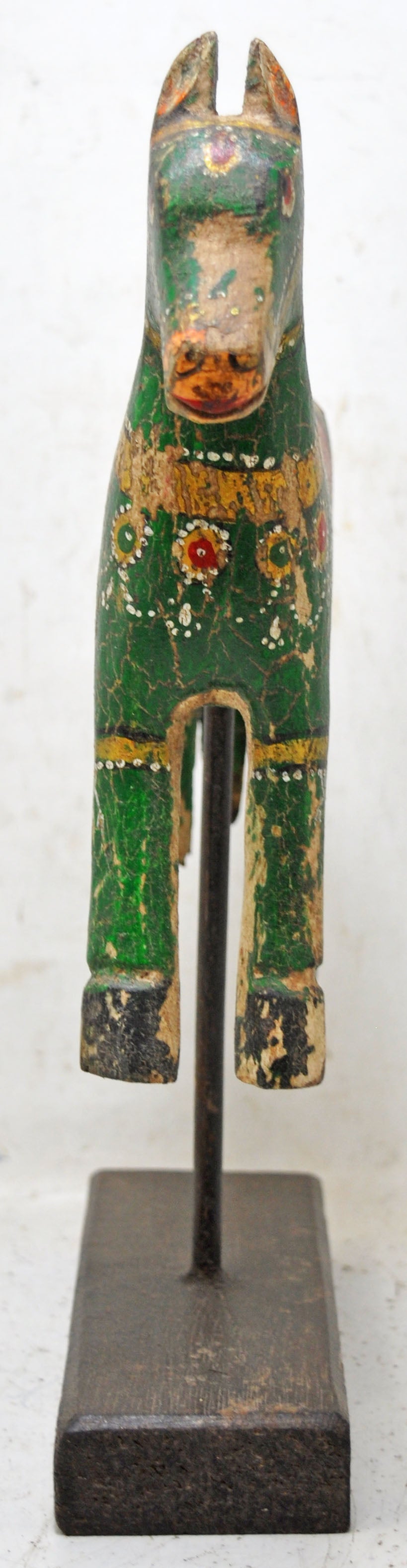 Hand Carved Wooden Horse Figurine on Stand Rustic Painted Green