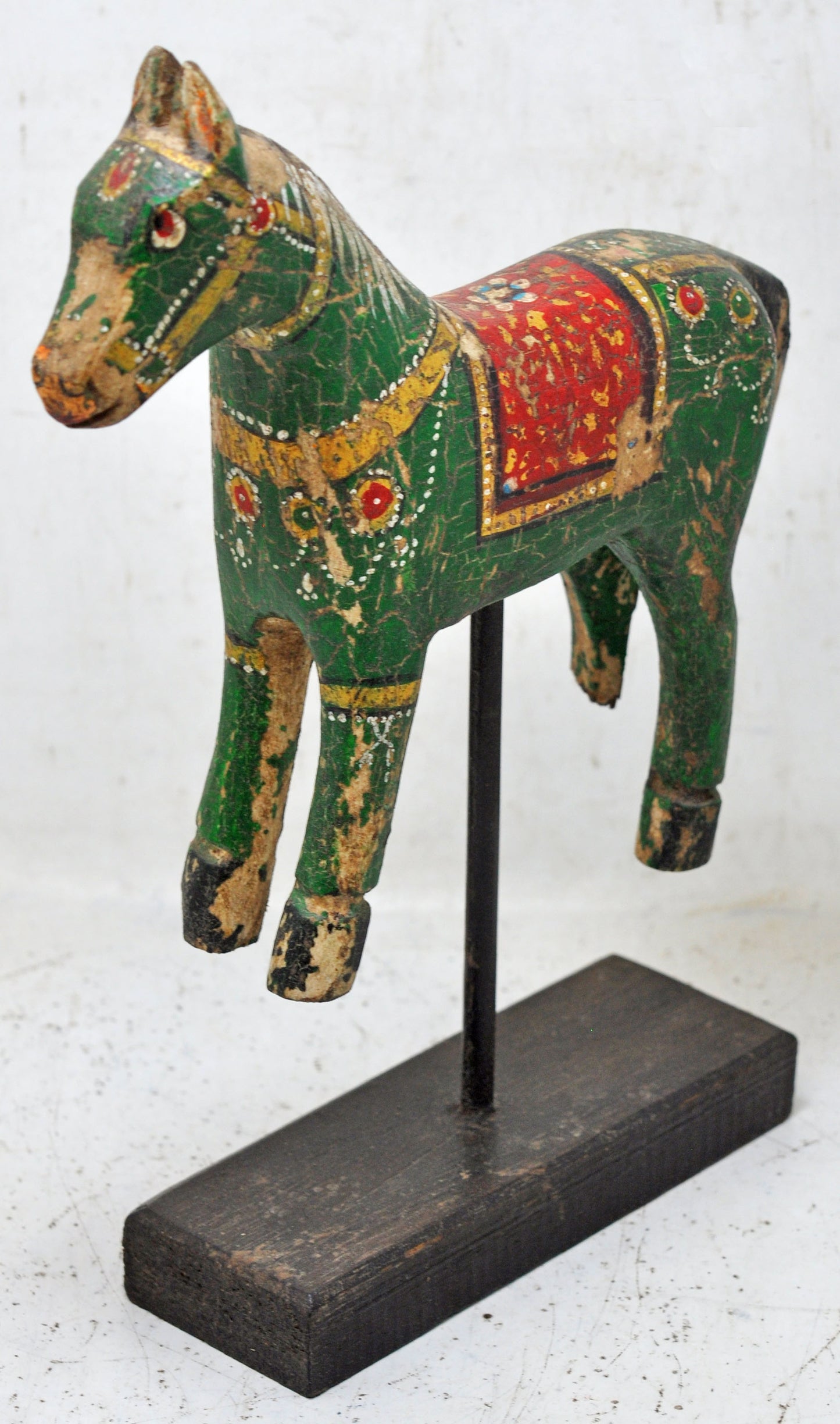 Hand Carved Wooden Horse Figurine on Stand Rustic Painted Green