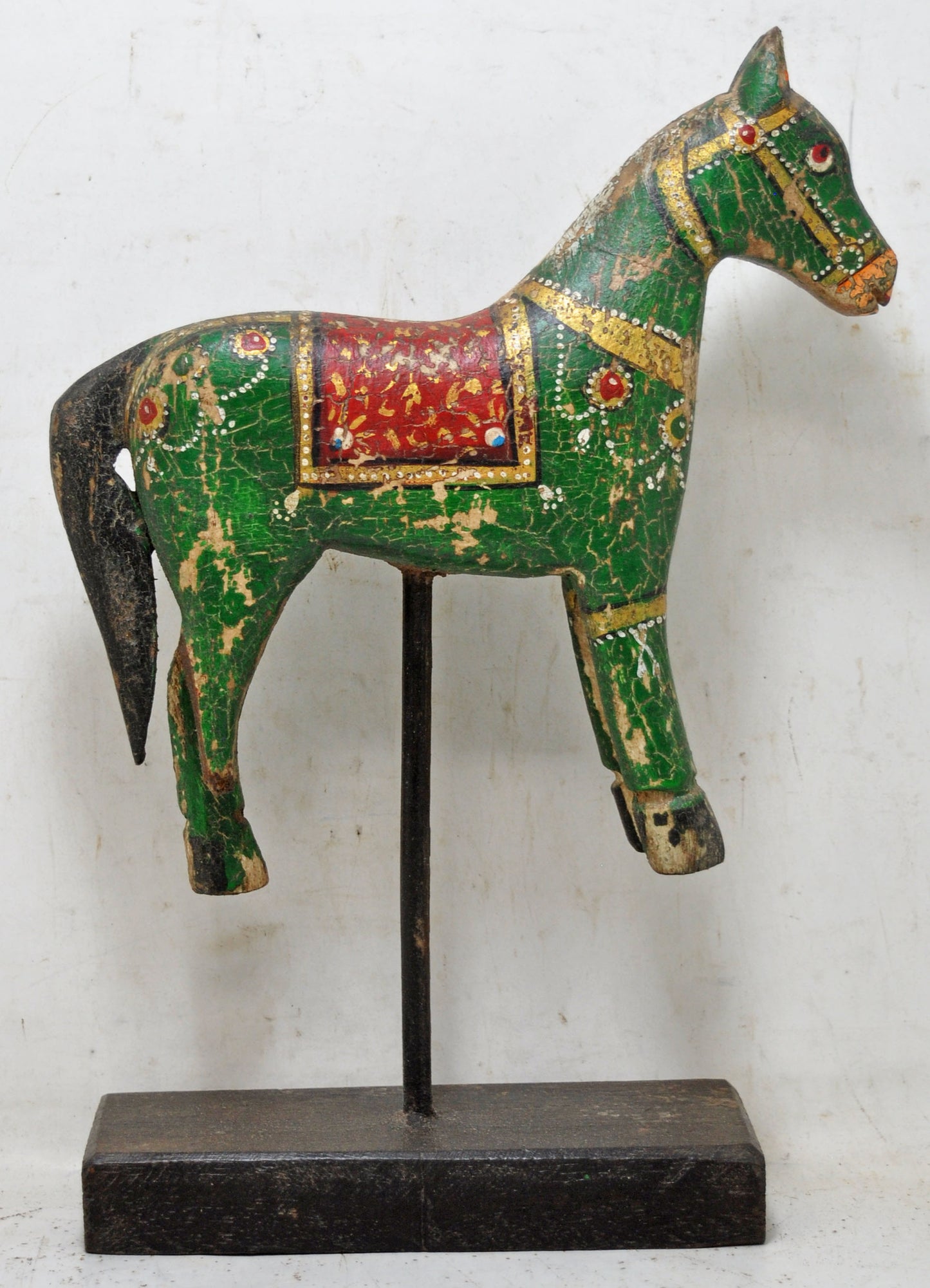 Hand Carved Wooden Horse Figurine on Stand Rustic Painted Green