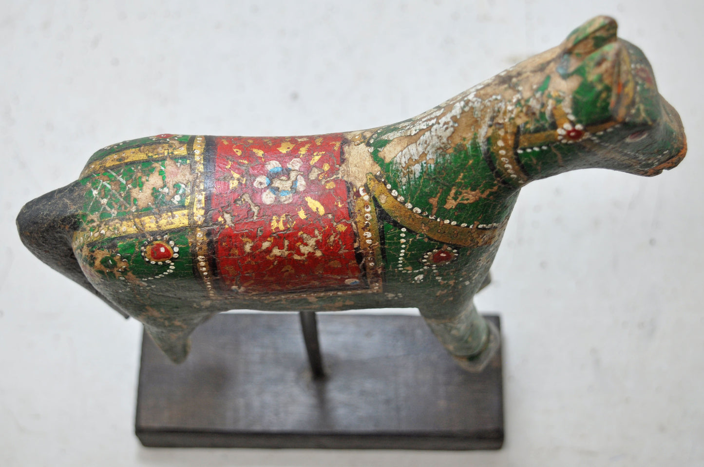 Hand Carved Wooden Horse Figurine on Stand Rustic Painted Green