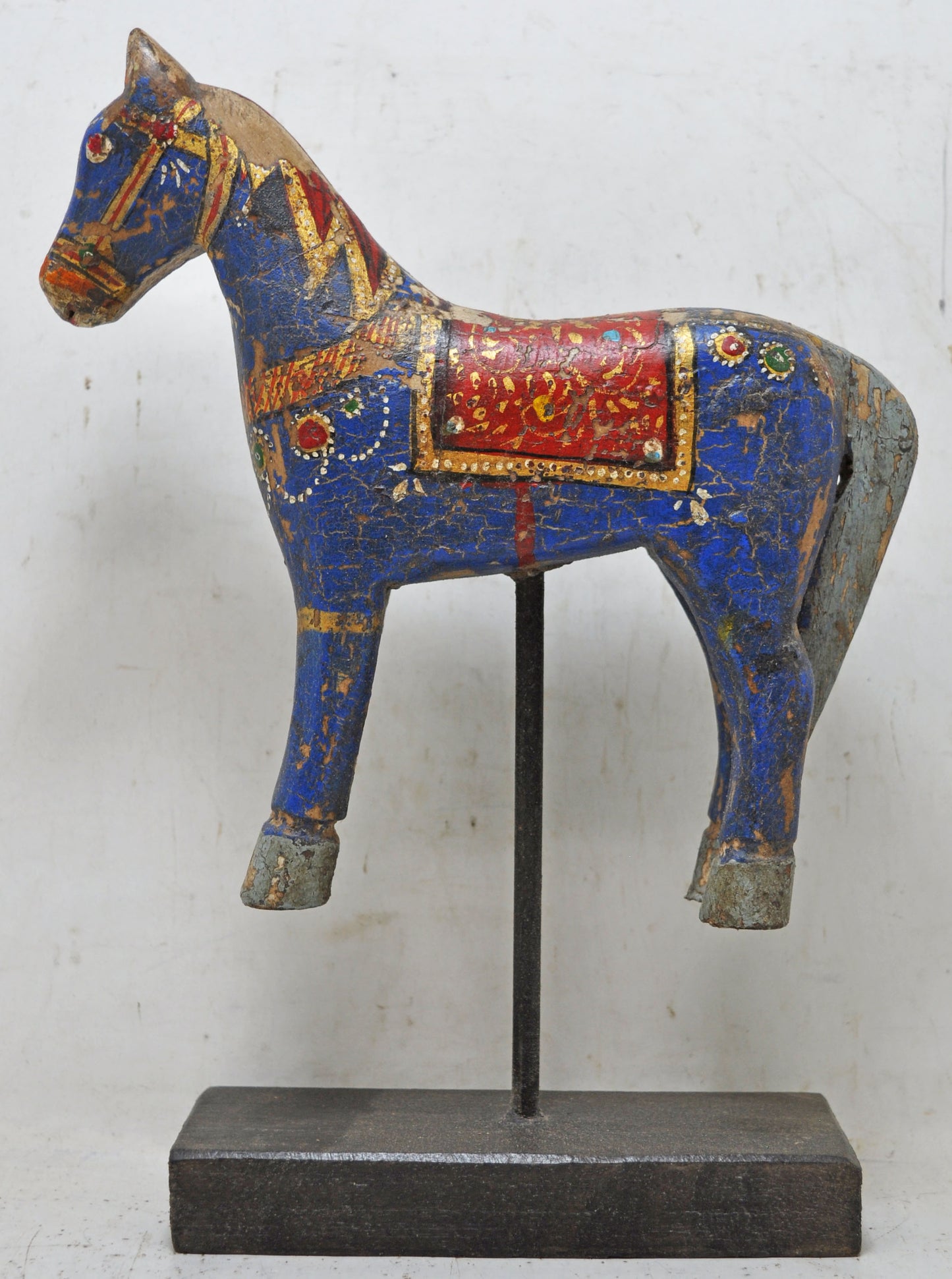 Hand Carved Wooden Horse Figurine on Stand Rustic Painted Blue