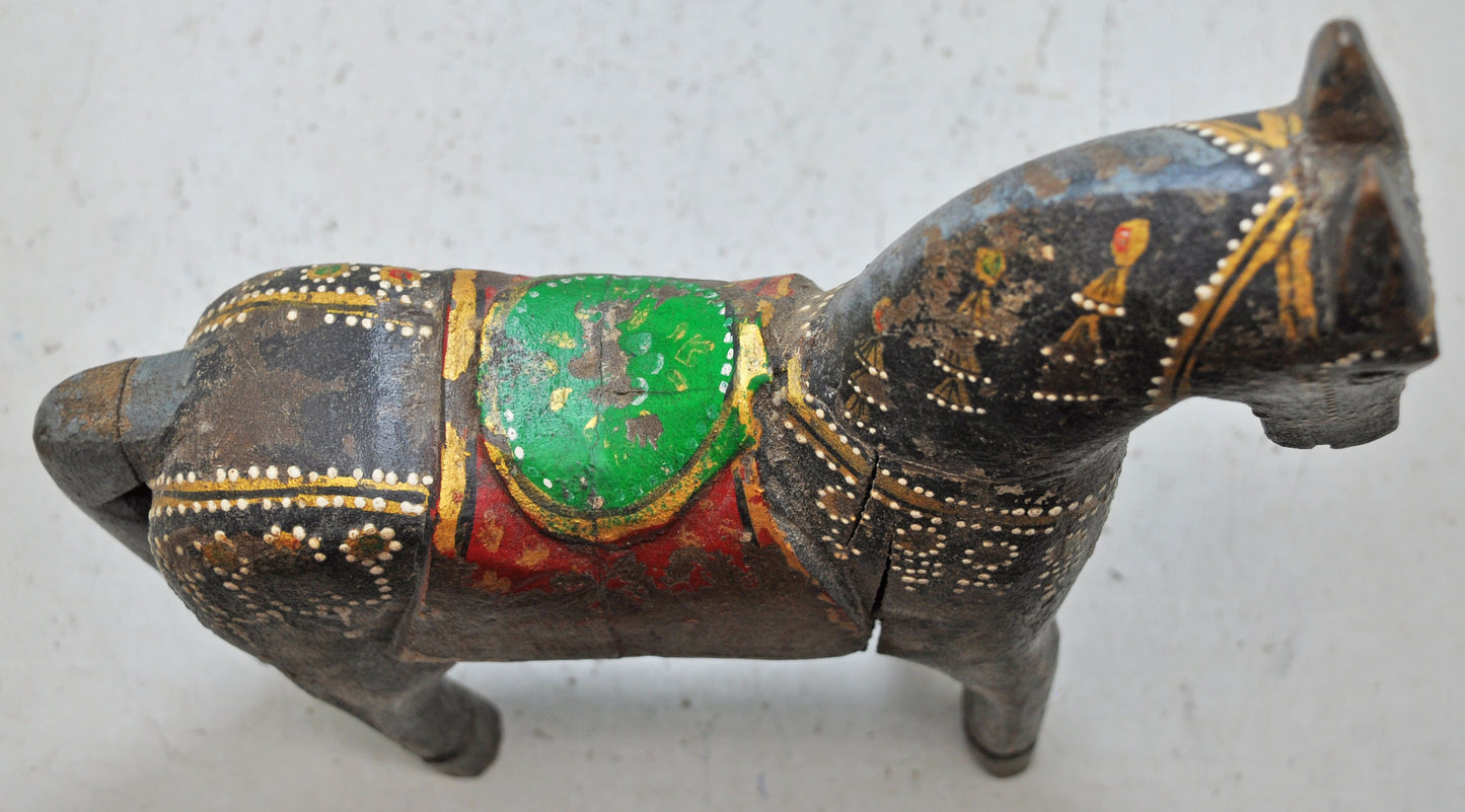 Hand Carved Wooden Horse Figurine on Stand Rustic Painted Black