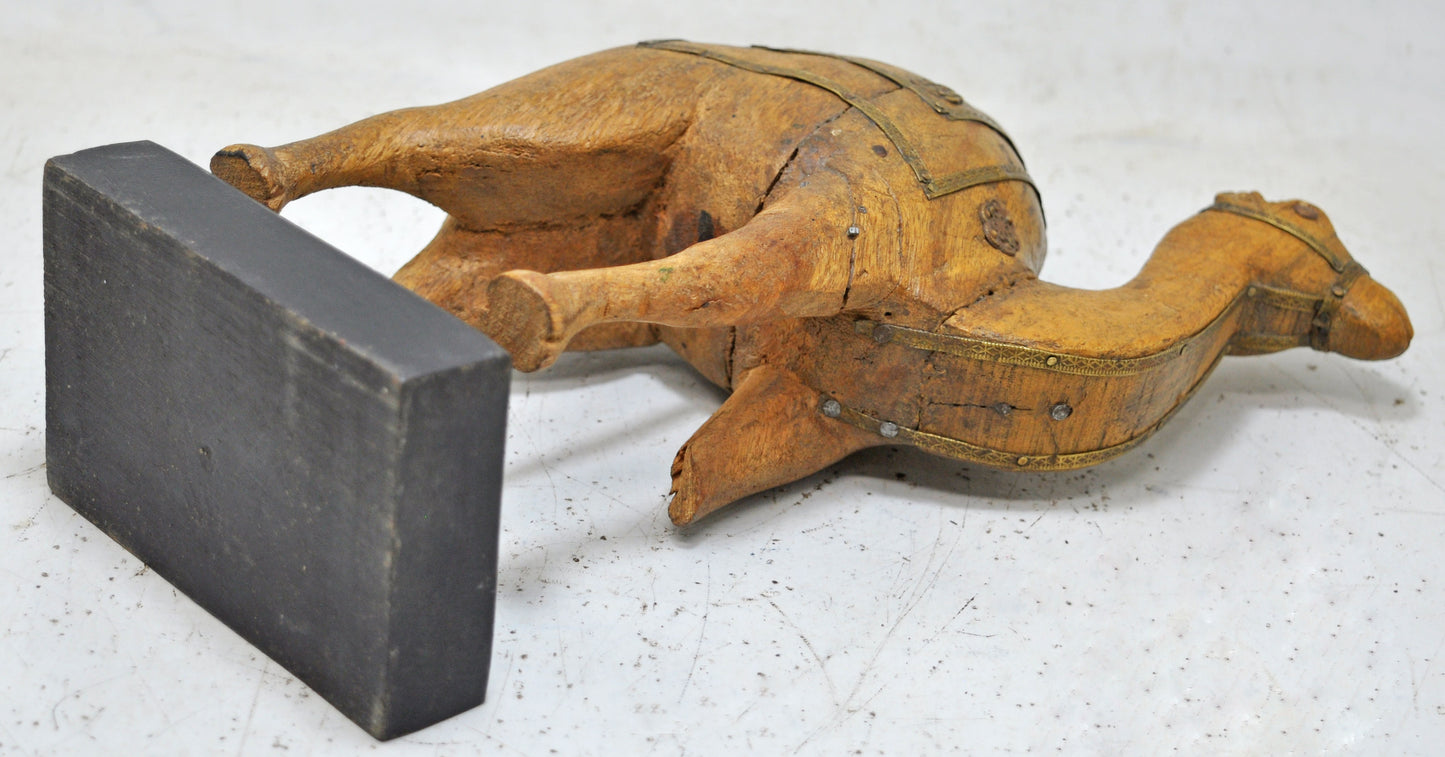 Vintage Wooden Camel Figurine Original Old Hand Carved Brass Fitted