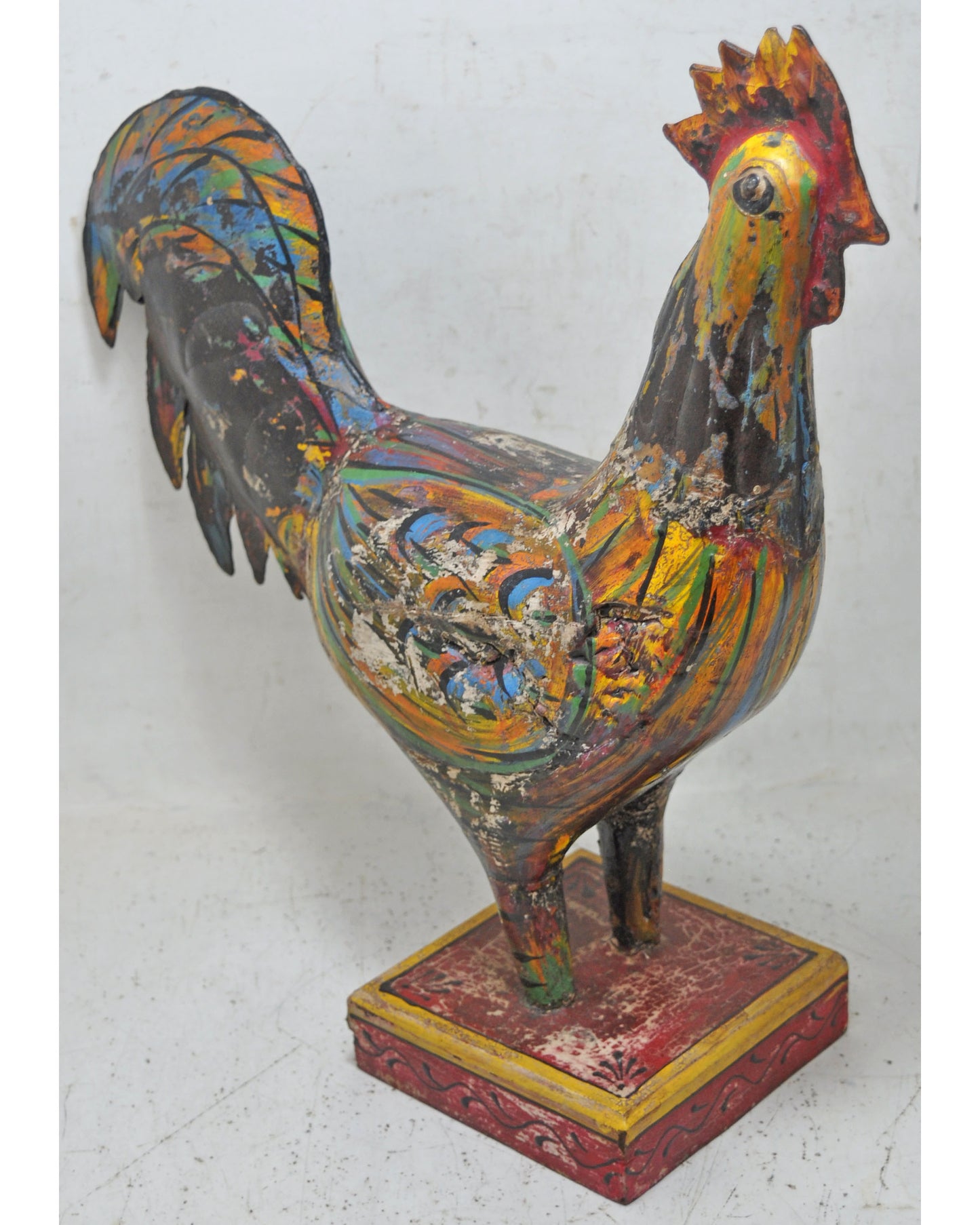 Hand Carved Wooden Iron Rooster Figurine Rustic Hand Painted