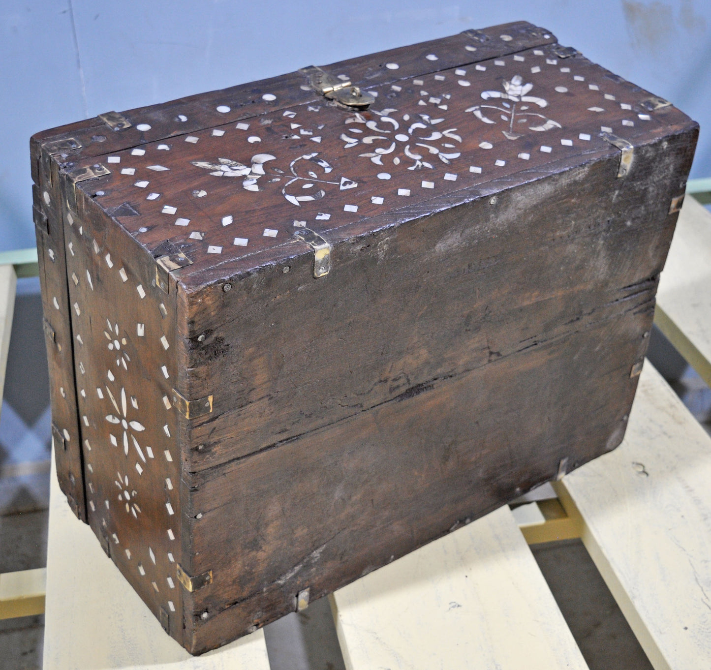 Antique Wooden Large Storage Chest Box Original Old Mother of Pearl Inlay