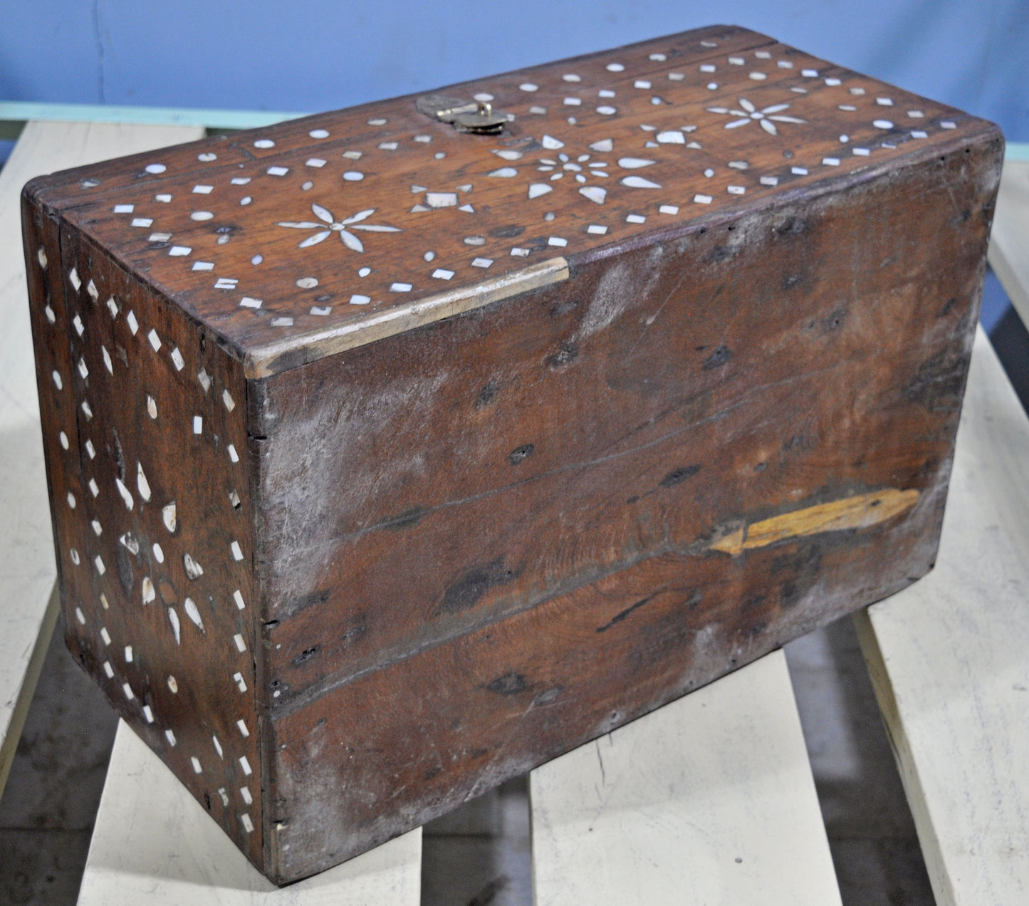 Antique Wooden Large Storage Chest Box Original Old Mother of Pearl Inlay