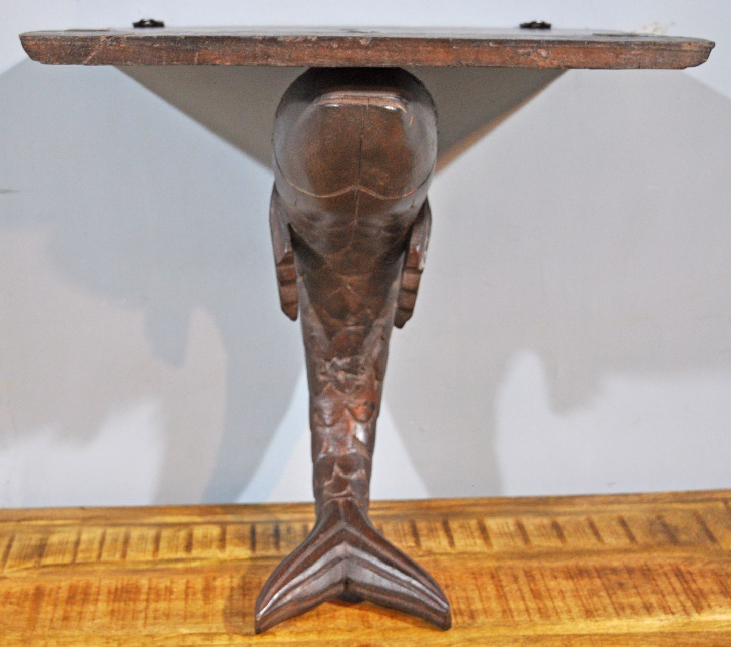 Antique Wooden Large Size Fish Shape Wall Hanging Shelf Original Old Hand Carved