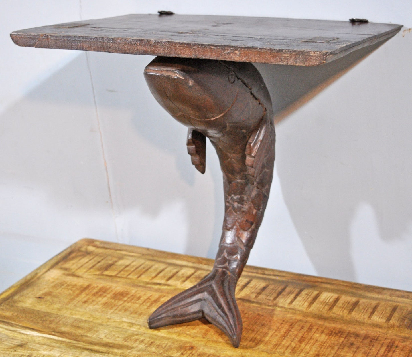 Antique Wooden Large Size Fish Shape Wall Hanging Shelf Original Old Hand Carved