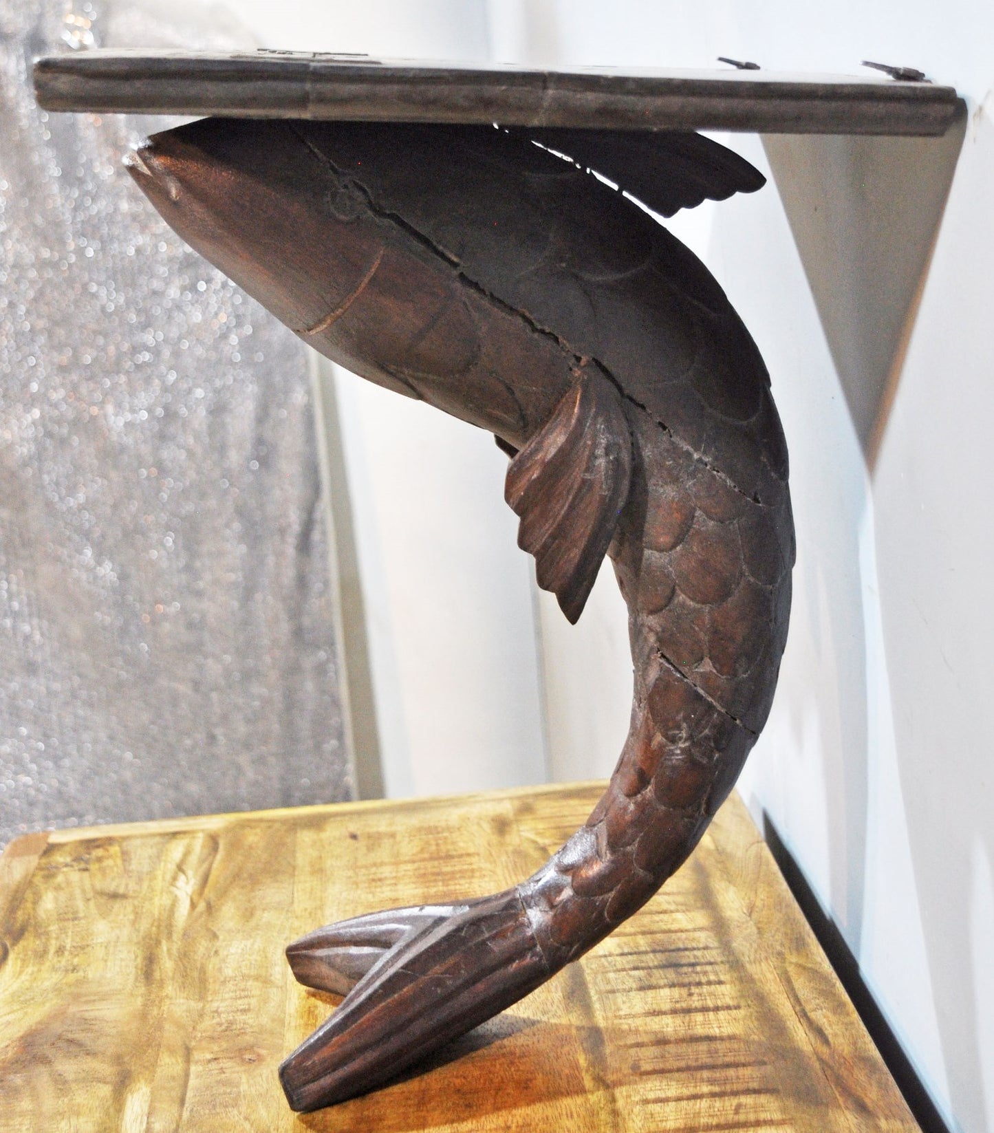 Antique Wooden Large Size Fish Shape Wall Hanging Shelf Original Old Hand Carved