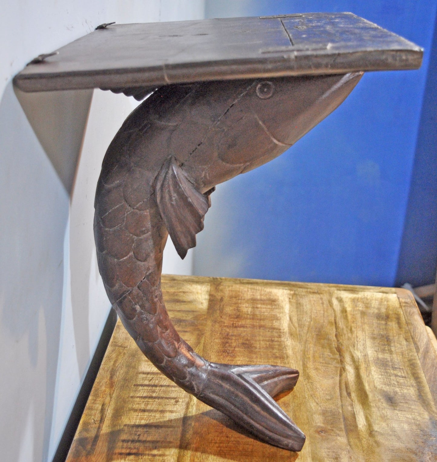 Antique Wooden Large Size Fish Shape Wall Hanging Shelf Original Old Hand Carved